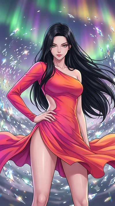 score_9, masterpiece, best quality, ultra-detailed, high-budget anime keyframe, clean line-art, cel-shading, Korean woman. close-up cowboy shot from the waist and thighs up, the character dominates the composition, filling the frame with her large pr