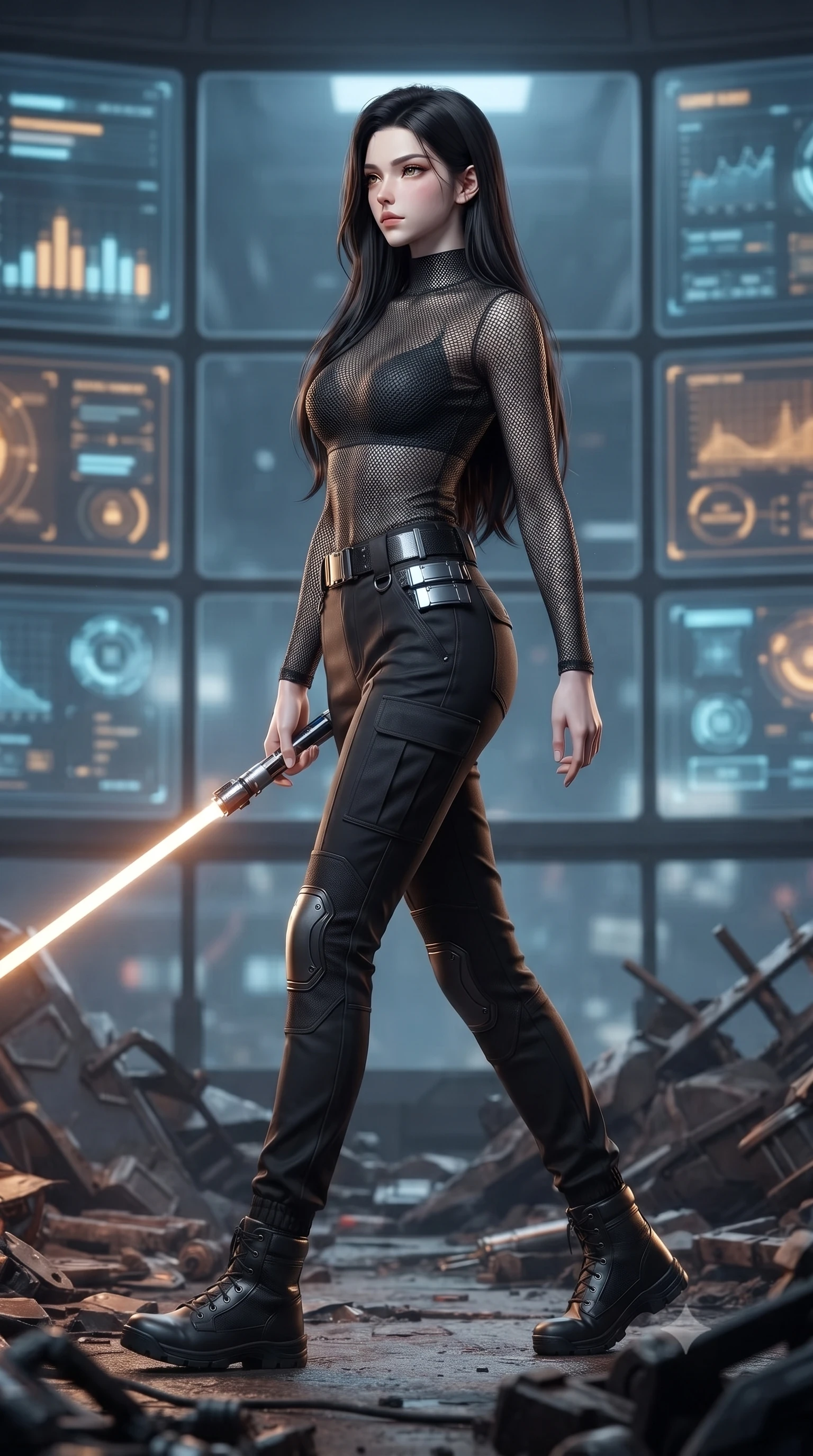 score_9, masterpiece, best quality, ultra-detailed, high-budget anime keyframe, editorial fashion photography, tasteful artistic composition, Korean woman. low angle full-body shot from head to toe showing her feet, filling the entire 9:16 vertical frame with her statuesque presence, stretching her vertical silhouette. stepping gracefully through battlefield debris with a glowing saber hilt in hand, looking back over her shoulder, the background shows a soft-focus a tactical grid control balcony with glass panels showing status bar charts. She has an absolutely perfect, statuesque 8.5-heads proportion, an exceptionally tall and slender model-like female figure with impossibly long slender legs and an ultra-slim waist. sharp v-shaped jawline, high-bridge nose, intricate jewel-like eyes with depth, thick eyelashes, glossy lips with a natural sheen. wearing a body-hugging high-neck carbon-mesh tactical shirt tucked into structured combat trousers with metallic utility belts. soft amber screen glare contrasting with the cool blue simulation space. ultra-reflective glossy finish, specular highlights, metallic sheen, high-contrast stereoscopic depth, volumetric dynamic lighting, 2k, ultra detail, master piece, 9:16 ratio