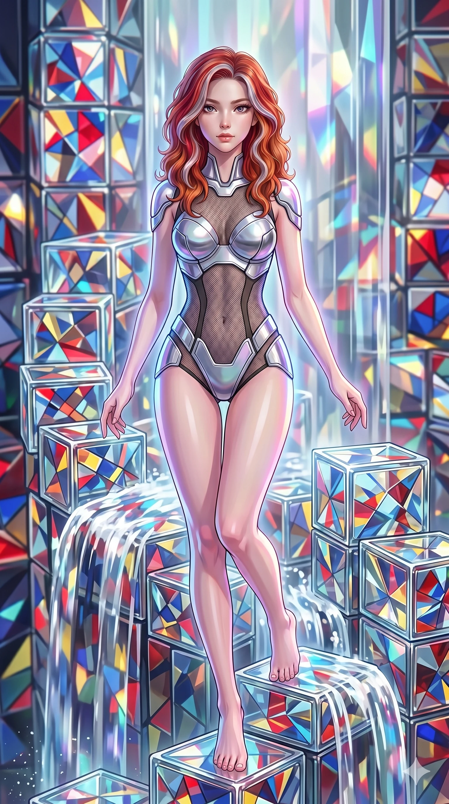 score_9, masterpiece, best quality, ultra-detailed, high-budget anime keyframe, Caucasian woman, strictly human ears. upper body close-up from the thighs up, character filling the screen for maximum presence. balancing on cubist glass blocks that cascade like a waterfall, reflecting complex mosaic patterns and primary colors. She has an absolutely perfect 8-heads proportion, an exceptionally tall and slender female figure with impossibly long slender legs and an ultra-slim waist. V-shaped jawline, high-bridge nose, intricate jewel-like eyes with depth, thick eyelashes, glossy lips with a natural sheen.. wearing a bionic chrome plate bodysuit, featuring silver chrome plates covering the bust and hips, connected by sheer black mesh panels. enhanced by a luminous pastel spectrum glow, casting elegant rim lights on her shoulders and jawline. 2k, ultra detail, master piece, 9:16 ratio