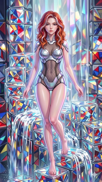 score_9, masterpiece, best quality, ultra-detailed, high-budget anime keyframe, Caucasian woman, strictly human ears. upper body close-up from the thighs up, character filling the screen for maximum presence. balancing on cubist glass blocks that cas