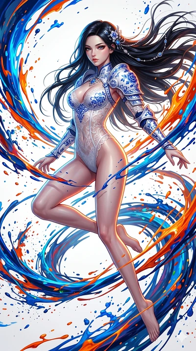 score_9, masterpiece, best quality, ultra-detailed, high-budget anime keyframe, Japanese woman. upper body close-up from the thighs up, character filling the screen for maximum presence. leaping into a vorticist paint splatter dimension where thousan