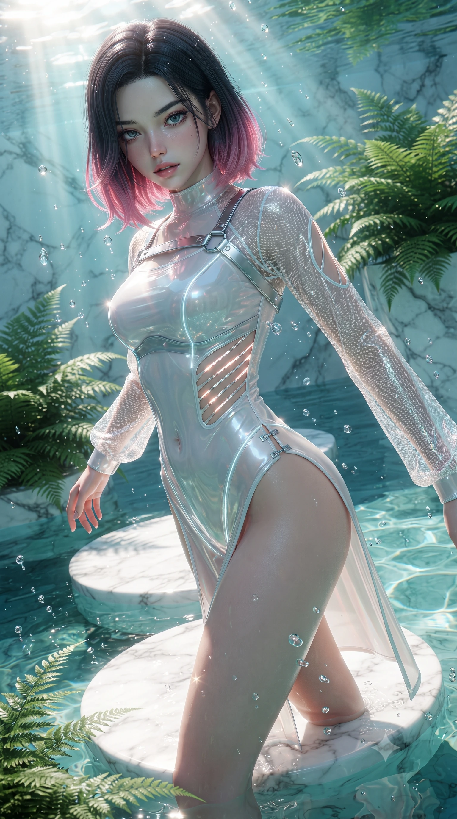 score_9, masterpiece, best quality, ultra-detailed, high-budget anime keyframe, editorial fashion photography, tasteful artistic composition, Korean woman. close-up cowboy shot from the waist and thighs up, the character dominates the composition, filling the frame with her large presence. casting a slow, smoldering gaze beneath heavy lashes with parted glossy lips, her head slightly tilted in captivating self-assurance while pivoting dynamically on a submerged marble stepping stone as sunbeams penetrate the crystal pool. The surrounding environment is rendered in vivid detail and crisp panoramic clarity. intricate white marble stone veins, crystal-clear emerald water pools, and lush tropical ferns in deep focus. She has an exceptionally elegant, slender, and willowy female figure with an ultra-slim waist, a gracefully sculpted slender torso, toned flat midriff, and a refined slim silhouette. sharp v-shaped jawline, high-bridge nose, intricate jewel-like eyes with depth, thick eyelashes, glossy lips with a natural sheen, flawlessly proportioned anatomical accuracy, strict slender model proportions, natural body alignment, perfectly sculpted long slender limbs, ultra-slim waistline, clean dynamic posture without body distortion. wearing an ultra-sleek high-cut tech-bodysuit featuring dangerous diagonal slitted cutouts on the midriff and shoulders, reinforced by a metallic silver harness and sheer mesh sleeves in glistening liquid pearl white with rainbow opalescence, tailored from semi-translucent cybernetic vinyl with glowing micro-filaments, finished with an ultra-high side slit secured by miniature magnetic clasps, the sleek second-skin cut tightly hugging her graceful clavicle, narrow waist, and feminine curves with athletic precision. illuminated by sparkling water droplet refractions and crisp white key lighting. ultra-reflective glossy finish, specular highlights, metallic sheen, high-contrast stereoscopic depth, volumetric dynamic lighting, 2k, ultra detail, master piece, 9:16 ratio