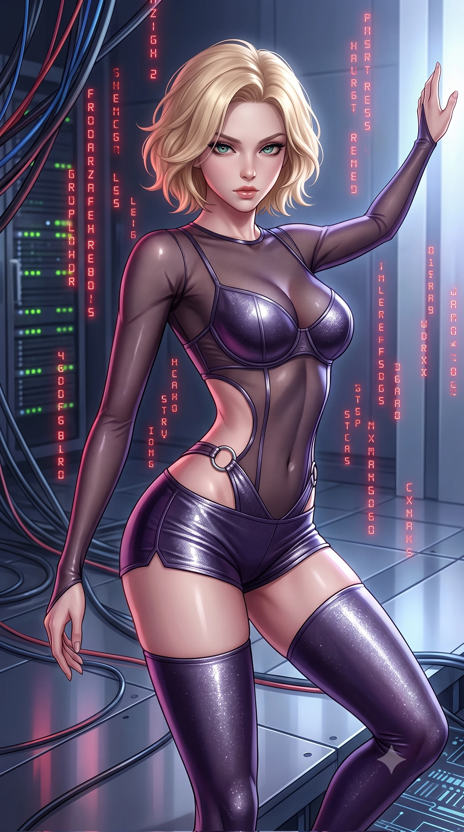 score_9, masterpiece, best quality, ultra-detailed, high-budget anime keyframe, semi-realistic 3D game render, editorial fashion photography, tasteful artistic composition, Caucasian woman. close-up cowboy shot from the waist and thighs up, the character dominates the composition, filling the frame with her large presence. extending one arm gracefully toward the light while her torso arches in a sleek, alluring curve with magnetic intensity while stepping down from a high-tech circuit dais as glowing red matrix glyphs cascade around her. The surrounding environment is rendered in vivid detail and crisp panoramic clarity. sharp fiber-optic cables, server rack indicator lights, and metallic floor reflections in crisp clarity. She has an exceptionally elegant, slender, and willowy female figure with an ultra-slim waist, a gracefully sculpted slender torso, and a refined silhouette. sharp v-shaped jawline, high-bridge nose, intricate jewel-like eyes with depth, thick eyelashes, glossy lips with a natural sheen, flawlessly proportioned anatomical accuracy, natural body alignment, perfectly sculpted elegant limbs, clean dynamic posture without body distortion. wearing a delicate see-through dark mesh top with structured cup boning, paired with high-cut micro-shorts and thigh-high stockings in dark amethyst purple and shimmering starlight silver, made of liquid metal jersey that clings flawlessly to every contour of her build, detailed with polished silver rings connecting the daring side-waist cutouts, the glove-like fit tightly following every curve of her statuesque athletic build. surrounded by a powerful, commanding, and fiercely sensual cybernetic aura. highly saturated vibrant anime colors, detailed shading with soft gradients, rich glossy textures, high-contrast stereoscopic depth, volumetric dynamic lighting, master piece, 9:16 ratio
