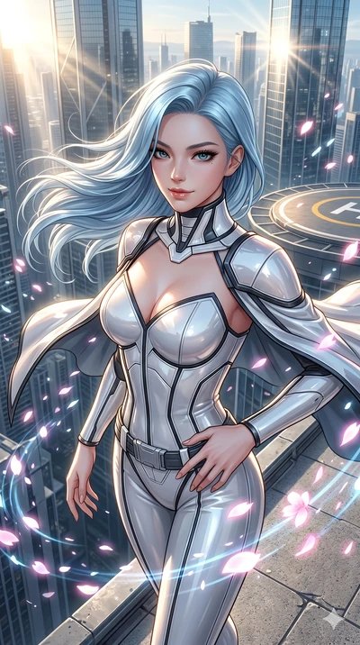 score_9, masterpiece, best quality, ultra-detailed, high-budget anime keyframe, semi-realistic 3D game render, Korean woman. Upper body close-up from the thighs up, character filling the screen for maximum presence. She is standing on the edge of a s