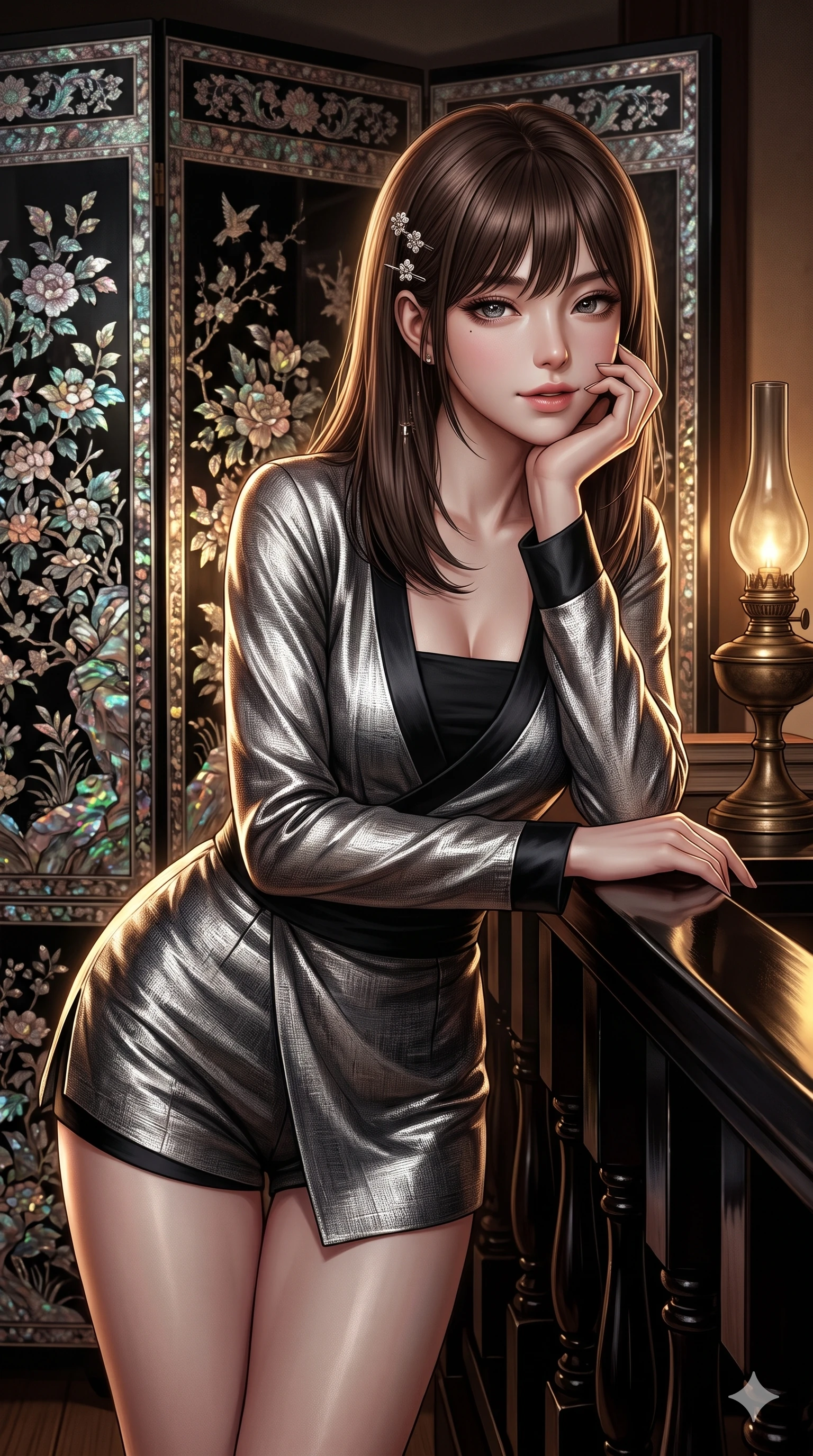 score_9, masterpiece, best quality, ultra-detailed, high-budget anime keyframe, editorial fashion photography, tasteful artistic composition, Korean woman. close-up cowboy shot from the waist and thighs up, the character dominates the composition, filling the frame with her large presence. resting one elbow on the lacquered balustrade and supporting her chin, leaning close to the camera with heavy-lidded sparkling eyes and parted lips while standing poised beside the iridescent najeonchilgi folding screen, casting a sovereign, seductive bedroom-gaze toward the viewer. The surrounding environment is rendered in vivid detail and crisp panoramic clarity: sharp iridescent abalone shell inlay edges, deep mirror-like black lacquer gloss, and bronze oil lamp patina in deep focus. She has an exceptionally elegant, slender, and willowy female figure with an ultra-slim waist, flat toned midriff, narrow ribcage, and sculpted feminine hips creating an alluring, slim hourglass silhouette without bulk. sharp v-shaped jawline, high-bridge nose, sparkling eyes with hypnotic seductive depth, thick curled eyelashes, glossy parted lips with a natural dewy peach sheen, alluring bedroom-eyes with an enchanting coquettish smile, exuding magnetic siren charisma and sophisticated glamour, flawlessly proportioned anatomical accuracy, strict slender model proportions, natural body alignment, perfectly sculpted long slender limbs, ultra-slim waistline, clean dynamic posture without body distortion. wearing a deep V-neck wrap jeogori blouse layered over an opaque silk bandeau and high-waisted wrap shorts in liquid mercury chrome and deep ink black, woven from bespoke Korean ramie fabric with crisp tactile slub texture, finished with delicate mother-of-pearl hairpin ornaments glinting in her dark glossy hair, the glove-like clinging cut tightly following the natural contour of her hips and long slender legs with youthful 8.5-heads elegance. illuminated by mother-of-pearl screen iridescence bounce and sharp gold-pearl rim lights sculpting her razor-sharp jawline, narrow waist, and curvy hips. ultra-reflective glossy finish, specular highlights, rich textural contrasts, high-contrast stereoscopic depth, volumetric dynamic lighting, 2k, ultra detail, master piece, 9:16 ratio