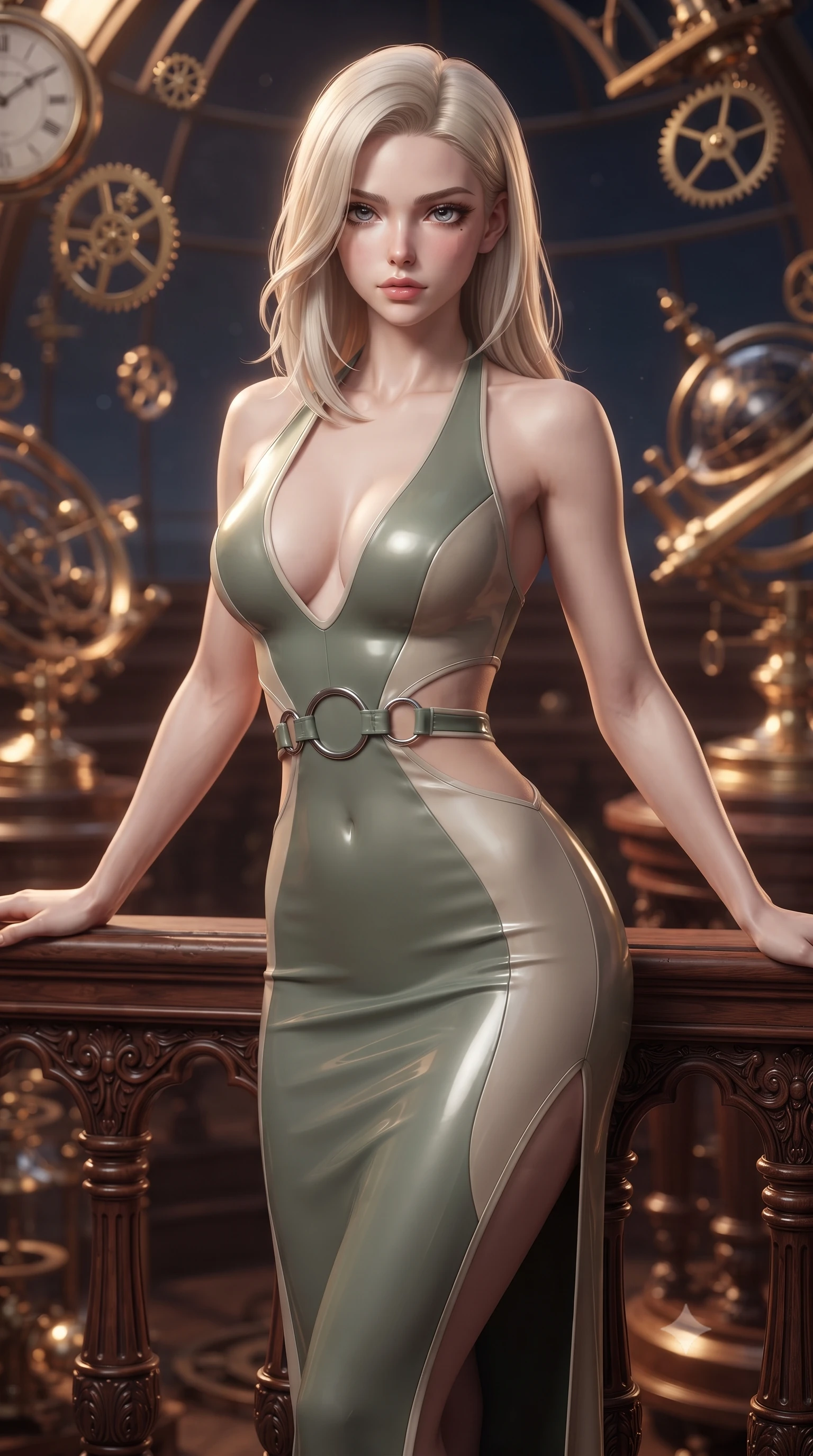 score_9, masterpiece, best quality, ultra-detailed, high-budget anime keyframe, editorial fashion photography, tasteful artistic composition, Caucasian woman. close-up cowboy shot from the waist and thighs up, the character dominates the composition, filling the frame with her large presence, background elements kept in soft focus. Leaning slightly forward with a composed, seductive gaze under soft glowing light leaning against a vintage mahogany balustrade inside a mechanical observatory, floating brass gears and clocksprings casting intricate metallic reflections. She has an exceptionally elegant, slender, and willowy female figure with an ultra-slim waist, a gracefully sculpted slender torso, and a refined silhouette. sharp v-shaped jawline, high-bridge nose, intricate jewel-like eyes with depth, thick eyelashes, glossy lips with a natural sheen. wearing a deep-scoop halter bodycon dress with hip cutouts connected by silver rings in sage green and oatmeal, formed from sleek second-skin neoprene, finished with a sleek side slit ascending to mid-thigh, the form-contouring material highlighting her ultra-slim waist and long lines. bathed in warm twilight amber backlighting and rich metallic specular glow. ultra-reflective glossy finish, specular highlights, metallic sheen, high-contrast stereoscopic depth, volumetric dynamic lighting, 2k, ultra detail, master piece, 9:16 ratio