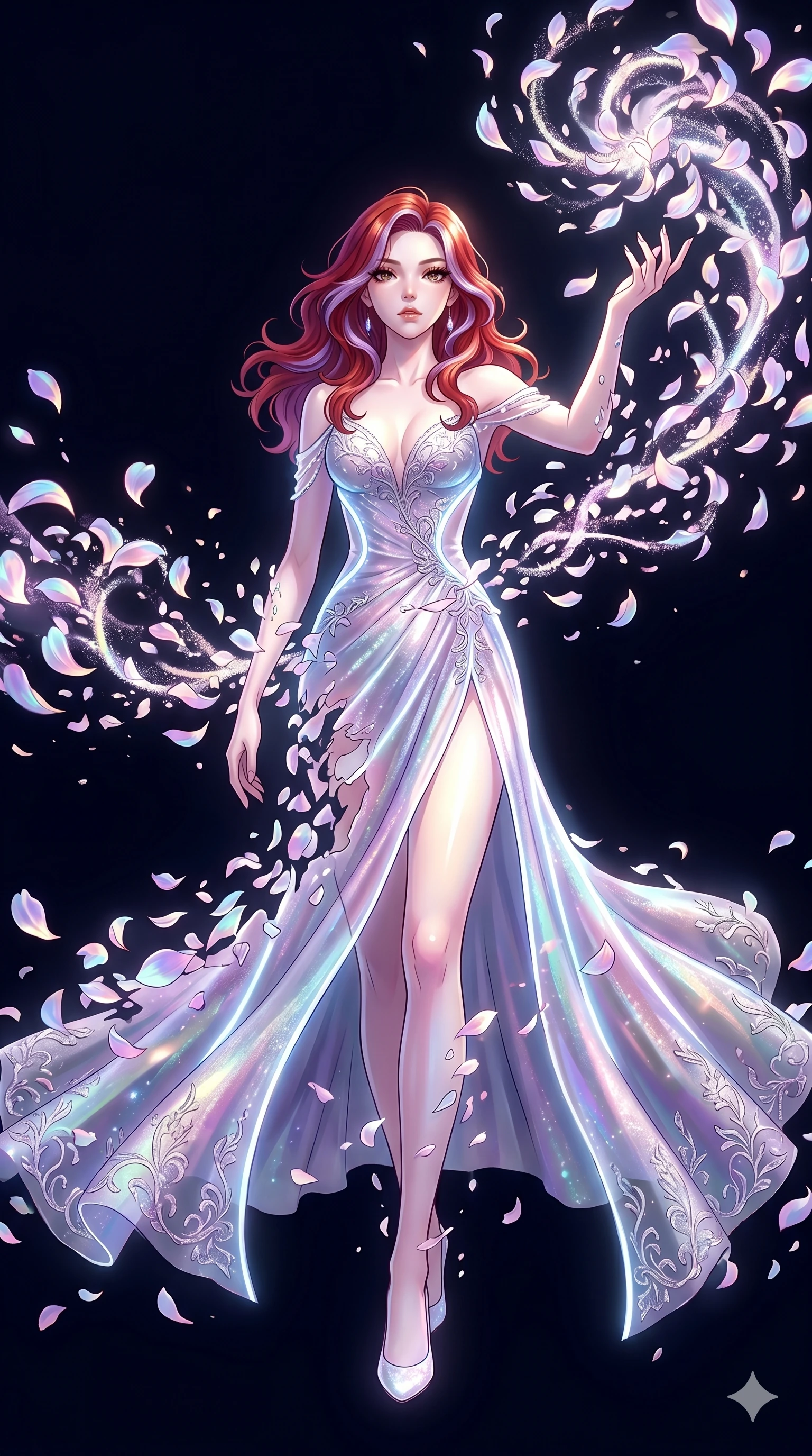 score_9, masterpiece, best quality, ultra-detailed, High-budget Anime Keyframe, East Asian woman. Low angle cowboy shot filling the entire 9:16 frame with her statuesque presence. Scenario 191: Dissolving into a cloud of iridescent silk petals in a void. Her presence is magnetic and overpowering in this high-budget anime scene. Outfit 191: A shimmering chiffon dangerous with a thigh-high slit and glowing LED seams. The clothing is designed to emphasize her exceptionally tall and slender 8-heads proportion. 8-heads proportion, towering silhouette, ultra-slim waist. sharp v-shaped jawline, intricate jewel-like eyes with depth, thick eyelashes, glossy lips. 2k, ultra detail, master piece, 9:16 ratio