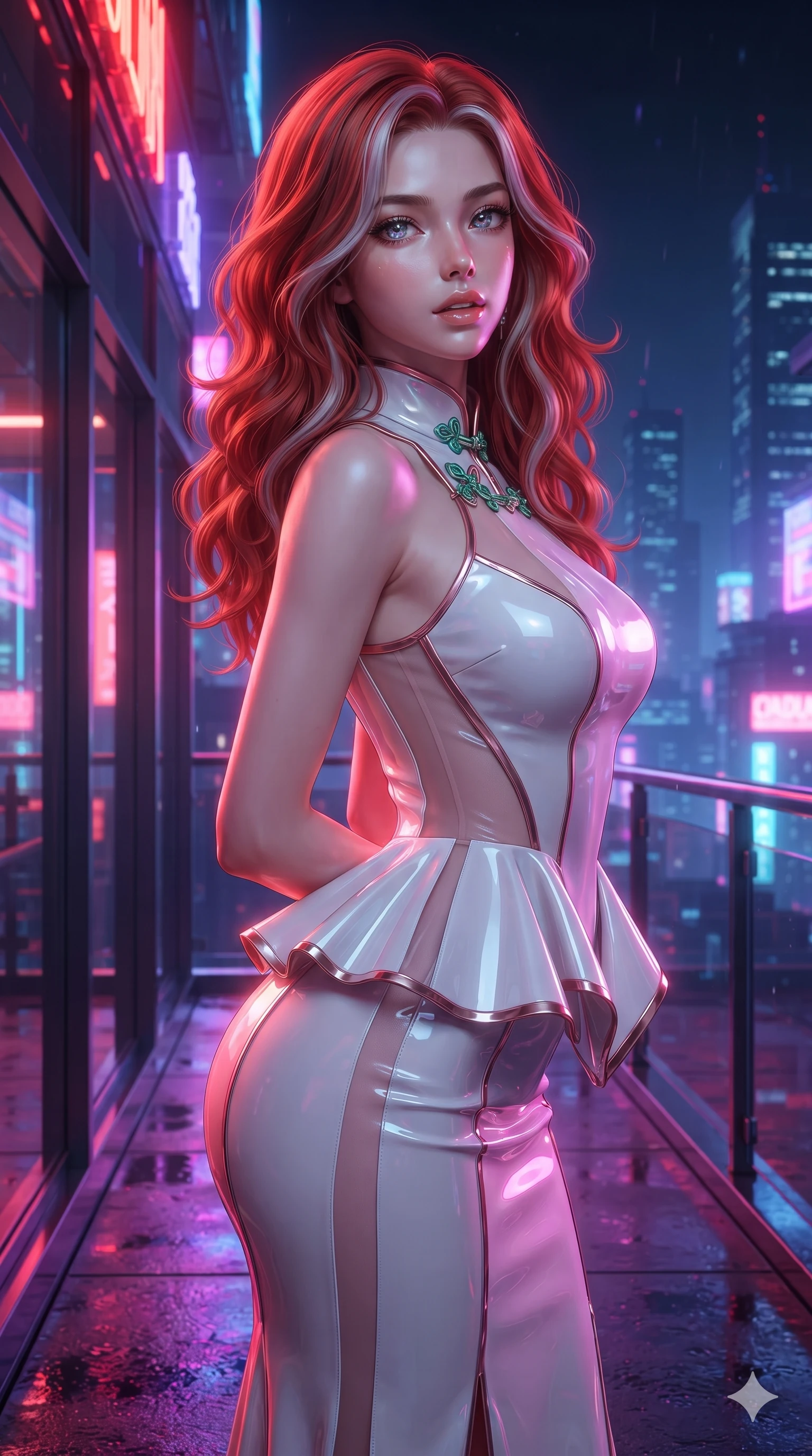 score_9, masterpiece, best quality, ultra-detailed, high-budget anime keyframe, editorial fashion photography, tasteful artistic composition, Caucasian woman. close-up cowboy shot from the waist and thighs up, the character dominates the composition, filling the frame with her large presence. twisting her slender torso in a deep contrapposto stance, hips dramatically shifted to accentuate her feminine curves while looking past her shoulder with smoldering bedroom-eyes while twisting her slender torso in an alluring contrapposto, vibrant scarlet and violet billboard reflections tracing her flat midriff and hourglass curves. The surrounding environment is rendered in vivid detail and crisp panoramic clarity: detailed wet-look silk wrap tailoring, fine mesh cutouts, and futuristic penthouse balcony architecture in razor-sharp clarity. She has an exceptionally elegant, slender, and willowy female figure with an ultra-slim waist, flat toned midriff, narrow ribcage, and sculpted feminine hips creating an alluring, slim hourglass silhouette without bulk. sharp v-shaped jawline, high-bridge nose, intricate jewel-like sparkling eyes with depth, thick eyelashes, glossy parted lips with a natural sheen, intensely captivating and seductive bedroom-eyes expression, exuding both youthful cute charm and sovereign luxury allure, flawlessly proportioned anatomical accuracy, strict slender model proportions, natural body alignment, perfectly sculpted long slender limbs, ultra-slim waistline, clean dynamic posture without body distortion. wearing a structural geometric peplum gown with sheer side-ribbon cutouts and form-fitting skirt in celestial porcelain white and rose-gold, tailored from high-gloss patent leather with mirror-like specular highlights, finished with sleek jade frog closures glinting along her high collar, the form-contouring cut accentuating her sculpted flat midriff, narrow delicate ribcage, and gracefully curvy hips with intoxicating allure. bathed in the intense, high-saturation glow of multi-colored neon signage reflecting off wet surfaces. ultra-reflective glossy finish, specular highlights, rich textural contrasts, high-contrast stereoscopic depth, volumetric dynamic lighting, 2k, ultra detail, master piece, 9:16 ratio