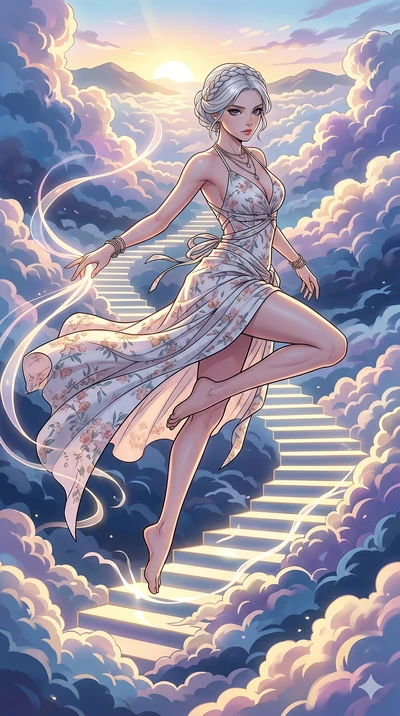 score_9, masterpiece, best quality, ultra-detailed, high-budget anime movie keyframe, cinematic anime lighting, intricate line art, Korean woman. Mid-air action shot capturing a graceful twist and vertical silhouette. weaving a staircase of light int