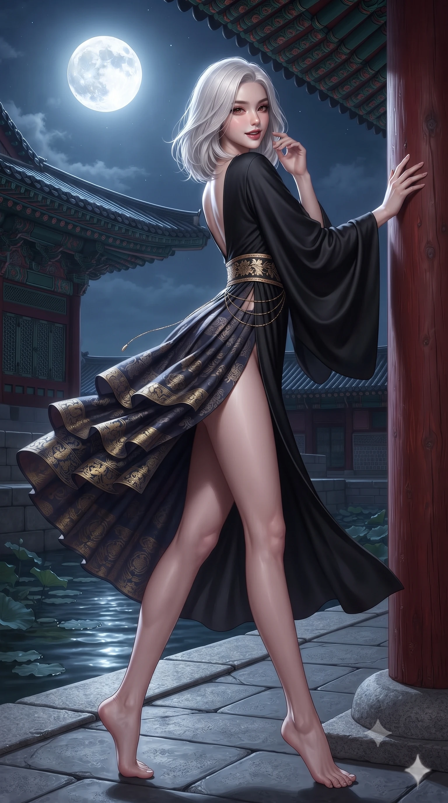 score_9, masterpiece, best quality, ultra-detailed, high-budget anime keyframe, editorial fashion photography, tasteful artistic composition, Korean woman. low angle full-body shot from head to toe showing her feet, filling the entire 9:16 vertical frame with her statuesque presence, stretching her vertical silhouette. executing a graceful dancer pivot turn as her layered silk chima skirt flutters around her slender legs, glancing over her shoulder with an intoxicating bedroom-gaze while leaning against a vermilion wooden pillar with hips cocked back, looking over a bare shoulder with an alluring, coquettish smile through drifting night mist. The surrounding environment is rendered in vivid detail and crisp panoramic clarity: sharp carved granite foundation stones, intricate dancheong mineral paint details, and rippling lotus pond surface tension in deep focus. She has an absolutely perfect, statuesque 8.5-heads proportion, an exceptionally tall and slender model-like female figure with impossibly long slender legs, an ultra-slim waist, a flat toned midriff, narrow delicate ribcage, and beautifully sculpted feminine hips creating a graceful, slim hourglass silhouette without any bulky heaviness. sharp v-shaped jawline, high-bridge nose, intricate jewel-like dark sparkling almond eyes with depth, thick lashes, glossy parted lips with a natural rose-plum sheen, bright alluring and coquettish smile with bedroom-eyes, exuding both timeless oriental elegance and sovereign high-fashion allure, flawlessly proportioned anatomical accuracy, strict slender model proportions, natural body alignment, perfectly sculpted long slender limbs, ultra-slim waistline, clean dynamic posture without body distortion. wearing a deep plunging-V modern kimono gown with wide flowing sleeves and a waist-cinching gold embroidered sash in stark monochrome black and white ink contrast, made of supple second-skin stretch silk jersey clinging flawlessly to her form, accented with a delicate gold body chain draping loosely across her flat midriff, the precision-cut side hip slits and low-back scoop framing her graceful spine and the sensual sweep of her slim, toned hips. bathed in cold silver moonlight cascading down from a brilliant full moon overhead. ultra-reflective glossy finish, specular highlights, rich textural contrasts, high-contrast stereoscopic depth, volumetric dynamic lighting, 2k, ultra detail, master piece, 9:16 ratio