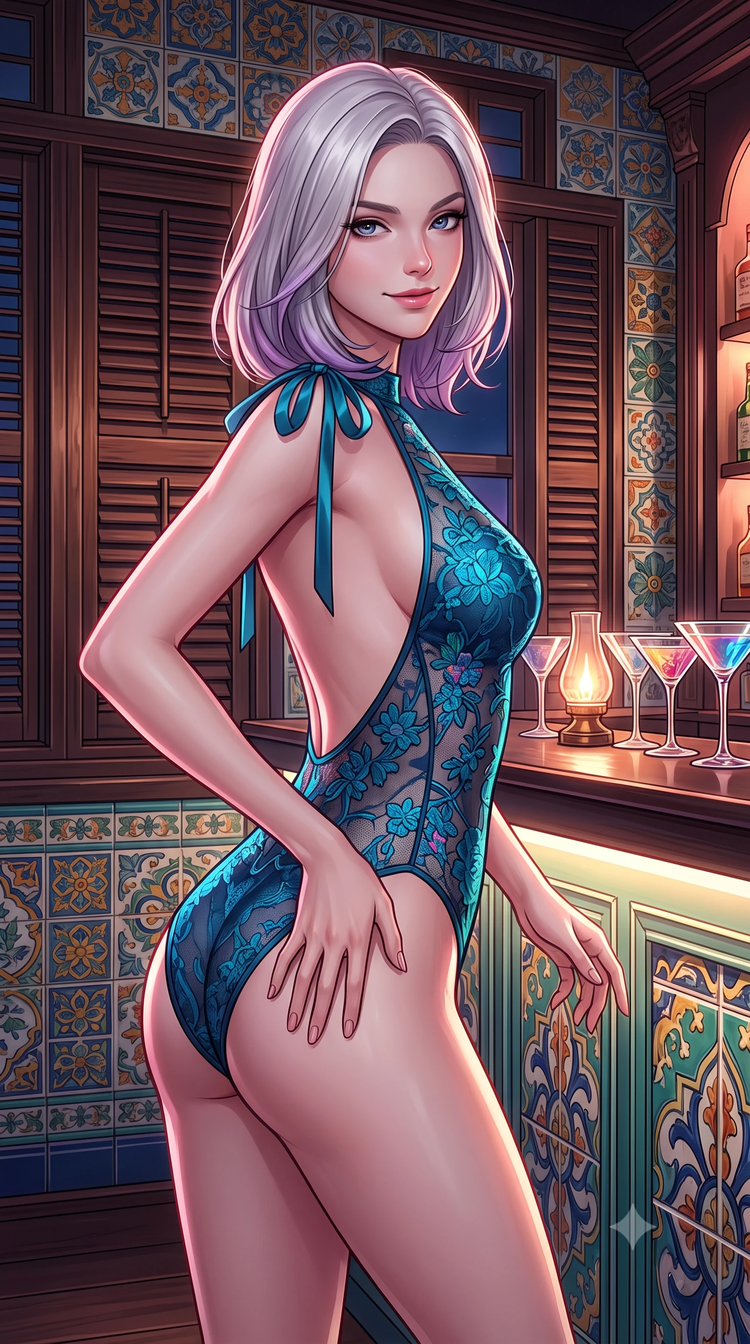 score_9, masterpiece, best quality, ultra-detailed, high-budget anime keyframe, semi-realistic 3D game render, editorial fashion photography, tasteful artistic composition, Caucasian woman. close-up cowboy shot from the waist and thighs up, the character dominates the composition, filling the frame with her large presence. tilting her head with a teasing half-smile, running one hand slowly down the side of her hip in a flirtatious S-curve as ambient light caresses her silhouette while twisting her slender torso in an alluring contrapposto stance beside the illuminated bar, warm cocktail lamp light tracing her flat midriff and curvy hips. The surrounding environment is rendered in vivid detail and crisp panoramic clarity: sharp hand-painted Peranakan majolica ceramic tile relief, historic timber louver shutter details, and cocktail glass facets in deep focus. She has an exceptionally elegant, slender, and willowy female figure with an ultra-slim waist, flat toned midriff, narrow ribcage, and sculpted feminine hips creating an alluring, slim hourglass silhouette without bulk. sharp v-shaped jawline, high-bridge nose, intricate jewel-like sparkling eyes with depth, thick eyelashes, glossy parted lips with a natural peach sheen, bright cheerful beaming smile with an enchanting and coquettish sensual glint, exuding both youthful cute charm and seductive allure, flawlessly proportioned anatomical accuracy, strict slender model proportions, natural body alignment, perfectly sculpted long slender limbs, ultra-slim waistline, clean dynamic posture without body distortion. wearing an alluring backless sheer lace leotard with high-cut leg openings and delicate floral embroidery framing her spine in Singapore Marina Bay electric cyan and midnight sapphire, made of delicate semi-sheer French Chantilly lace with intricate eyelash edges, finished with satin ribbon ties at the shoulders fluttering in the gentle breeze, the precision-cut side openings and low-back scoop framing her graceful spine and the sensual sweep of her slim, toned hips. illuminated by bar counter reflection fill and sharp rose-gold rim lights defining her razor-sharp jawline, narrow waist, and curvy hips. highly saturated vibrant anime colors, detailed shading with soft gradients, rich glossy textures, high-contrast stereoscopic depth, volumetric dynamic lighting, master piece, 9:16 ratio