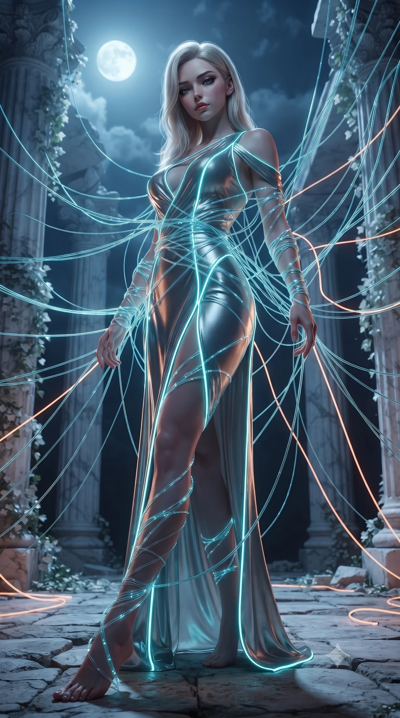 score_9, masterpiece, best quality, ultra-detailed, High-budget Anime Keyframe, editorial fashion photography, tasteful artistic composition, realistic cosplay photography, Caucasian woman, strictly human ears. Low angle cowboy shot filling the entire 9:16 frame with her statuesque presence. Scenario 365: tangled in a web of glowing cyan fiber-optic cables inside a moonlit ancient temple with collapsing marble pillars and white ivy. Her presence is magnetic and overpowering in this high-budget cinematic scene. Outfit 365: a form-contouring shimmering chiffon liquid with a low-cut shoulder and glowing LED seams. The clothing is designed to emphasize her exceptionally tall and slender 8-heads proportion. 8-heads proportion, towering silhouette, ultra-slim waist. sharp v-shaped jawline, intricate jewel-like eyes with depth, thick eyelashes, glossy lips. ultra-reflective glossy finish, specular highlights, metallic sheen, high-contrast stereoscopic depth, volumetric dynamic lighting, 2k, ultra detail, master piece, 9:16 ratio