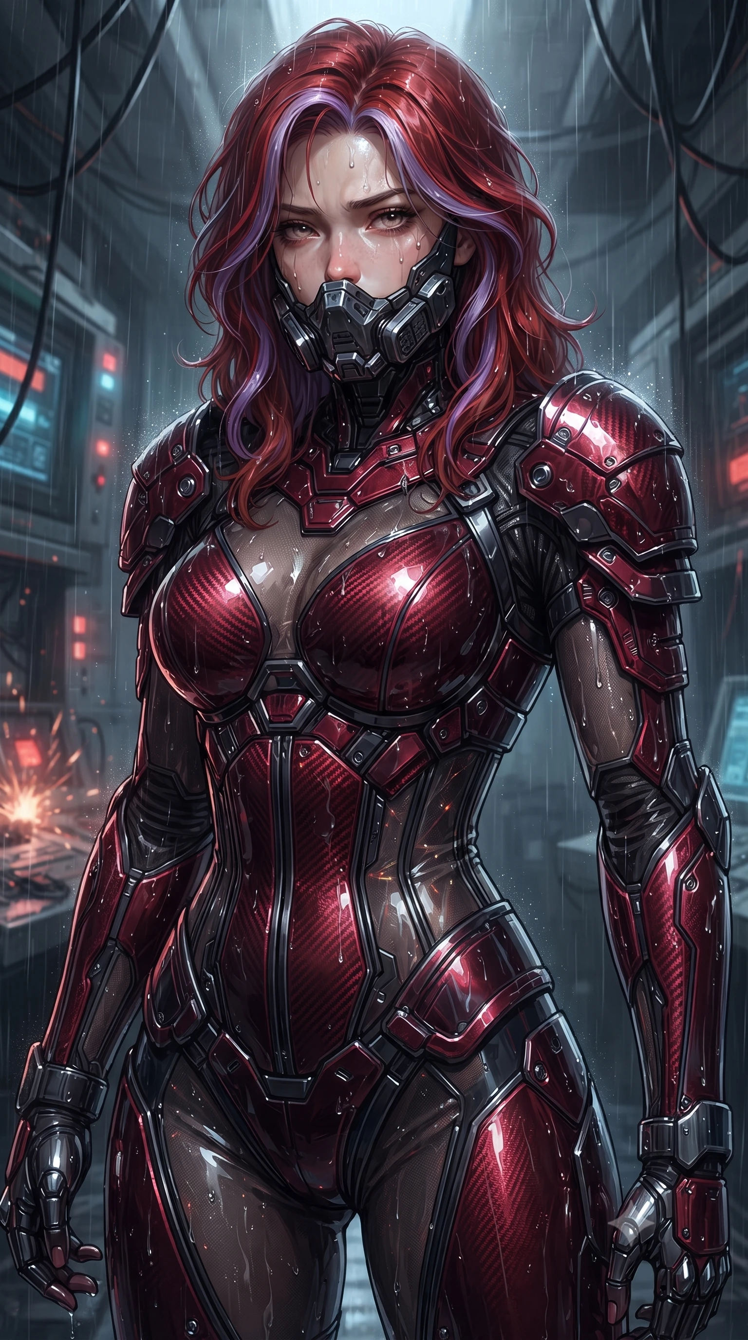 score_9, masterpiece, best quality, ultra-detailed, high-budget anime keyframe, editorial fashion photography, tasteful artistic composition, Caucasian woman. close-up cowboy shot from the waist and thighs up, the character dominates the composition, filling the frame with her large presence. tilting her head slightly with solemn warrior composure, sweat and rain glistening on her sculpted collarbones and high-bridge nose while standing tall under blinking emergency floodlights as the bunker security systems spark and collapse in defeat. The surrounding environment is rendered in vivid detail and crisp panoramic clarity. intricate carbon-titanium armor hinges, steam condensation beads, and emergency siren LEDs in high clarity. She has an exceptionally elegant, slender, and willowy female figure with an ultra-slim waist, a gracefully sculpted slender torso, toned flat midriff, and a refined slim silhouette. sharp v-shaped jawline, high-bridge nose, intricate jewel-like eyes with depth, thick eyelashes, glossy lips with a natural sheen, fierce and resolute heroine expression, flawlessly proportioned anatomical accuracy, strict slender model proportions, natural body alignment, perfectly sculpted long slender limbs, ultra-slim waistline, clean dynamic posture without body distortion. wearing a sleek titanium half-face combat rebreather guard protecting her lower jaw while leaving her expressive eyes and long hair flowing freely, paired with a statuesque high-fashion cyber-warrior armor suit with platinum bevels, heavy articulated shoulder guards, and an ultra-slim waist-cinching corset in deep battle-scarred crimson carbon weave with specular dark chrome accents, crafted from semi-translucent cybernetic carbon-vinyl interwoven with glowing micro-filaments, finished with high-mobility flexible armor articulation seams and miniature magnetic locks, the sleek second-skin cut tightly hugging her graceful clavicle, narrow waist, and feminine curves with athletic precision. illuminated by sharp specular highlights tracing her ultra-slim waist, long legs, and sculpted armor plates. ultra-reflective glossy finish, specular highlights, dark metallic sheen, high-contrast stereoscopic depth, volumetric dynamic lighting, 2k, ultra detail, master piece, 9:16 ratio