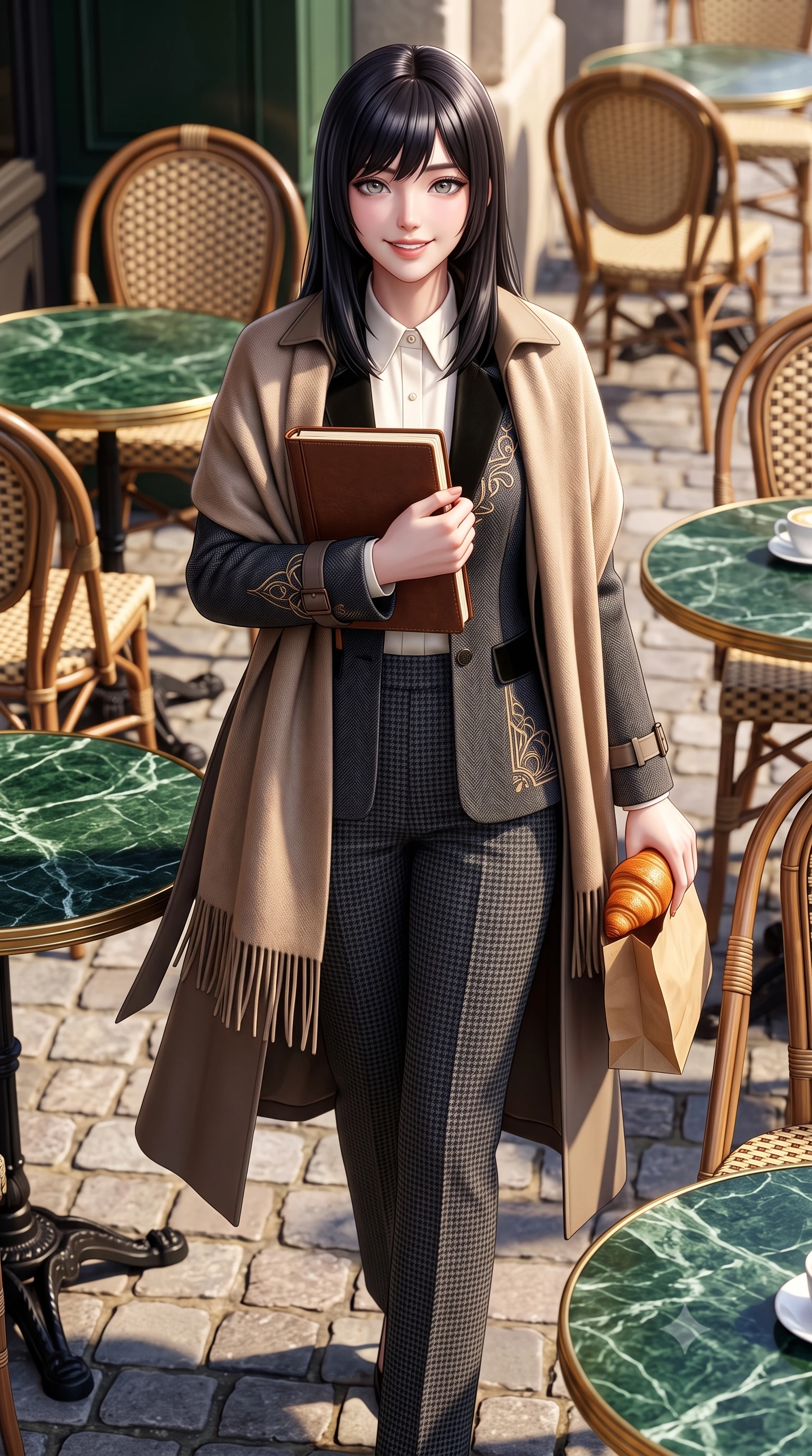 score_9, masterpiece, best quality, ultra-detailed, high-budget anime keyframe, semi-realistic 3D game render, editorial fashion photography, tasteful artistic composition, Caucasian woman. close-up cowboy shot from the waist and thighs up, the character dominates the composition, filling the frame with her large presence. holding a leather notebook close to her chest with both arms, smiling delightfully with youthful scholarly grace while walking out onto the cobblestone terrace holding a warm croissant bag, her belted trench coat framing her tall 8.5-heads silhouette. The surrounding environment is rendered in vivid detail and crisp panoramic clarity: sharp green marble tabletop veining, intricate woven rattan chair patterns, and cast-iron table base curves in deep focus. She has an exceptionally elegant, slender, and willowy female figure with an ultra-slim waist, flat toned midriff, narrow ribcage, and sculpted feminine hips creating an alluring, slim hourglass silhouette without bulk. sharp v-shaped jawline, high-bridge nose, intricate jewel-like sparkling eyes with depth, thick eyelashes, glossy parted lips with a natural peach sheen, bright cheerful beaming smile with an enchanting and coquettish sensual glint, exuding both youthful cute charm and seductive allure, flawlessly proportioned anatomical accuracy, strict slender model proportions, natural body alignment, perfectly sculpted long slender limbs, ultra-slim waistline, clean dynamic posture without body distortion. wearing a retro Art Deco embroidered wool blazer with velvet lapels paired with high-waisted pressed trousers in classic Savile Row charcoal houndstooth and crisp ivory, crafted from fluid mulberry silk twill with an understated lustrous pearl finish, accented with a wide brushed cashmere fringe scarf draped elegantly over one shoulder, the bespoke architectural tailoring hugging her natural waistline with sartorial precision, creating a clean graceful hourglass silhouette with tall model elegance. illuminated by zinc counter and marble tabletop bounce with delicate platinum rim lights sculpting her features and slender waist. highly saturated vibrant anime colors, detailed shading with soft gradients, rich glossy textures, high-contrast stereoscopic depth, volumetric dynamic lighting, master piece, 9:16 ratio