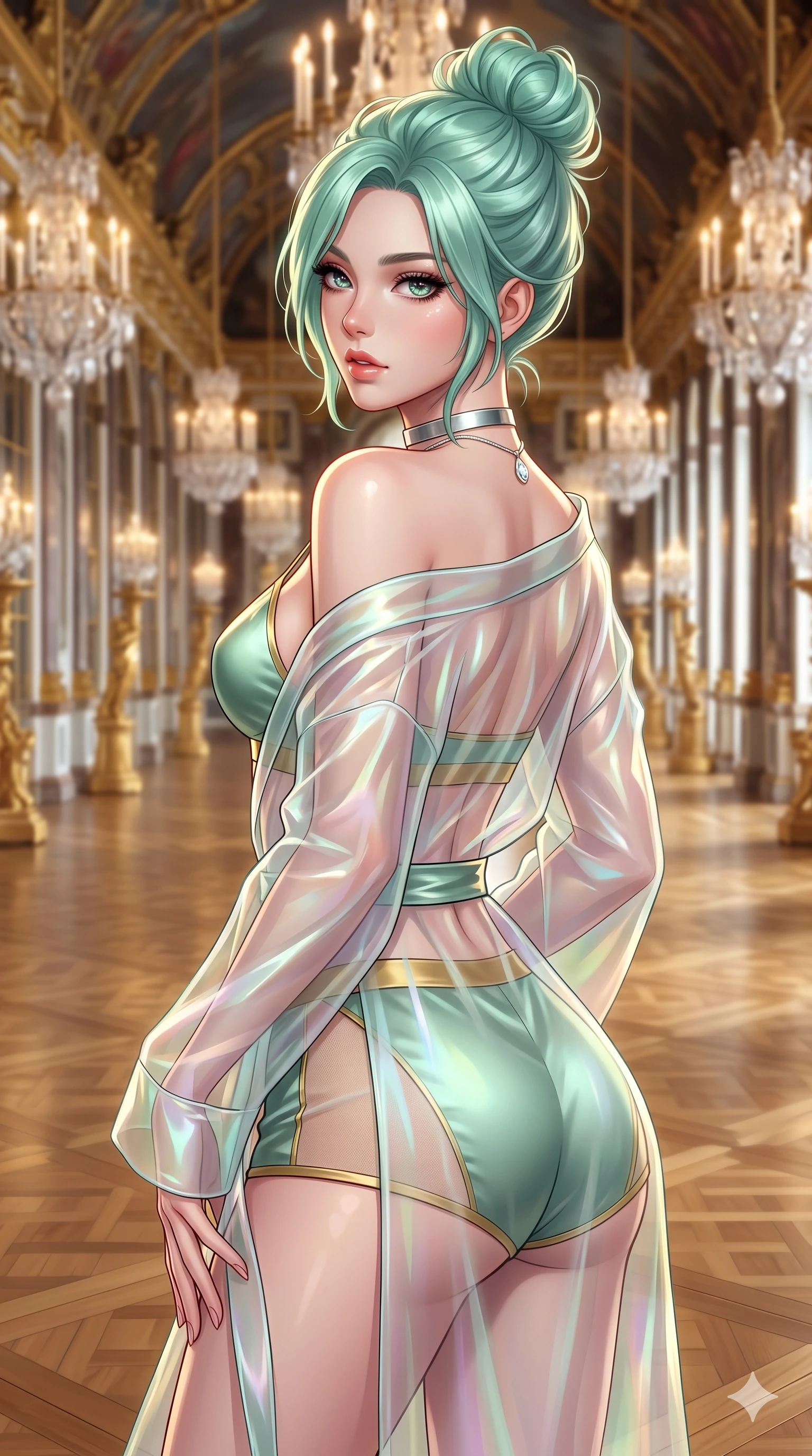 score_9, masterpiece, best quality, ultra-detailed, high-budget anime keyframe, semi-realistic 3D game render, editorial fashion photography, tasteful artistic composition, Japanese woman. close-up cowboy shot from the waist and thighs up, the character dominates the composition, filling the frame with her large presence. posing in an alluring rear three-quarter angle, looking over a bare shoulder with parted glossy lips, her hips cocked back to highlight her slim hourglass curve while standing poised in the grand mirror gallery, arching her lower back with sovereign supermodel grace as endless reflections recede into gilded infinity. The background shows a soft-focus infinite receding gilded mirror reflections, multi-tiered crystal chandeliers, and polished parquet flooring blurred into gold, crystal, and champagne bokeh. She has an exceptionally elegant, slender, and willowy female figure with an ultra-slim waist, flat toned midriff, narrow ribcage, and sculpted feminine hips creating an alluring, slim hourglass silhouette without bulk. sharp v-shaped jawline, high-bridge nose, intricate jewel-like sparkling eyes with depth, thick eyelashes, glossy parted lips with a natural sheen, intensely captivating and seductive bedroom-eyes expression, exuding both youthful cute charm and sovereign luxury allure, flawlessly proportioned anatomical accuracy, strict slender model proportions, natural body alignment, perfectly sculpted long slender limbs, ultra-slim waistline, clean dynamic posture without body distortion. wearing a translucent iridescent organza kimono robe slipping off bare shoulders over a matching satin micro-bralette and micro-shorts in celadon jade and antique gold-leaf, featuring strategic sheer-illusion tulle side panels framing her ribcage and hips, finished with a minimalist chrome choker and a single teardrop diamond pendant, the form-contouring cut accentuating her sculpted flat midriff, narrow delicate ribcage, and gracefully curvy hips with intoxicating allure. illuminated by mirrored wall bounce and sharp diamond-gold rim lights carving her sculpted collarbones, ultra-slim waist, and curvy hips. highly saturated vibrant anime colors, detailed shading with soft gradients, rich glossy textures, high-contrast stereoscopic depth, volumetric dynamic lighting, master piece, 9:16 ratio