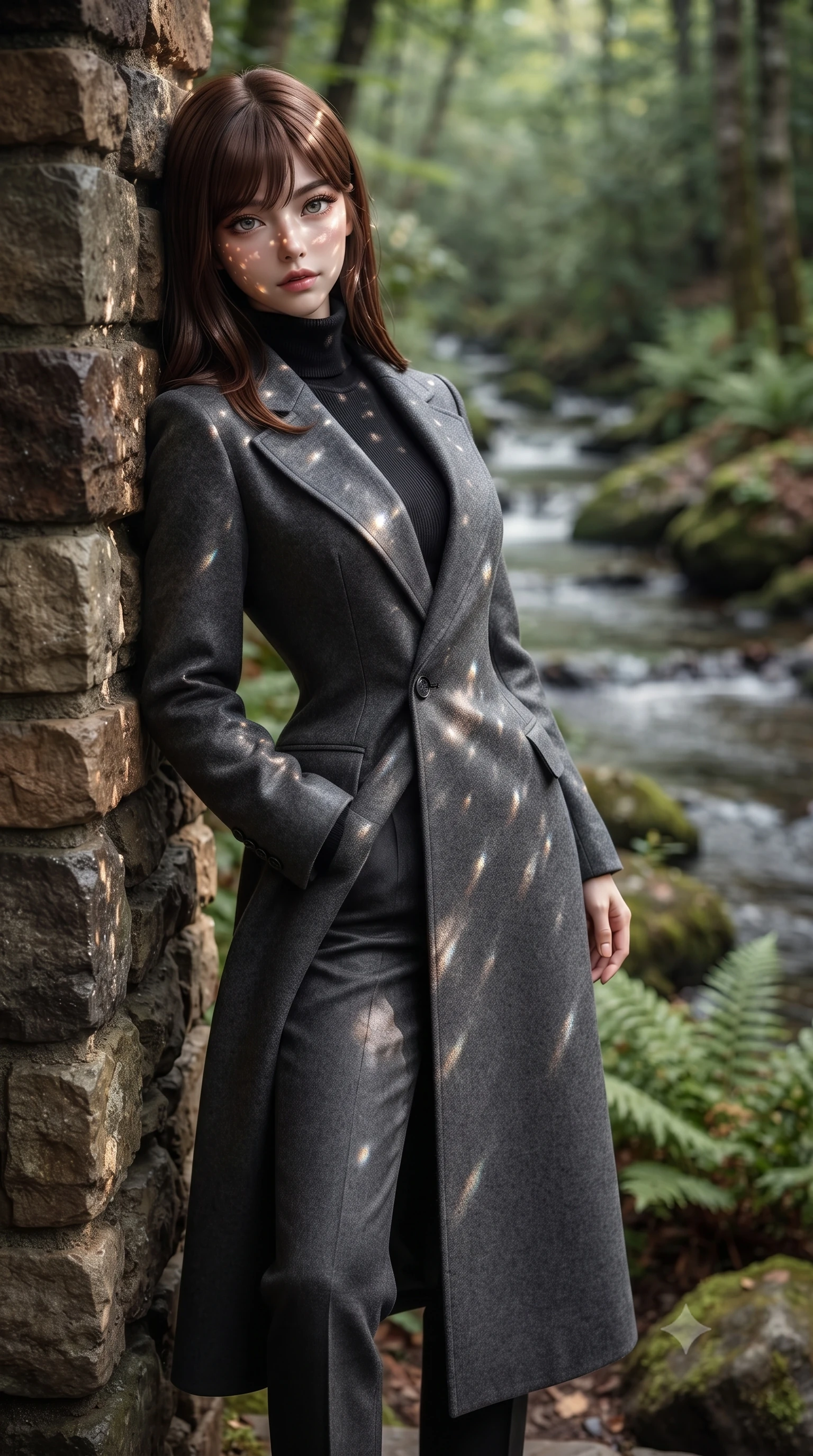 score_9, masterpiece, best quality, ultra-detailed, high-budget anime keyframe, editorial fashion photography, tasteful artistic composition, Korean woman. low angle full-body shot from head to toe showing her feet, filling the entire 9:16 vertical frame with her statuesque presence, stretching her vertical silhouette. leaning back against a rustic stone wall, casting a slow, alluring gaze at the camera the background shows a soft-focus a secluded forest stream cabin porch next to wild ferns and mossy rocks. She has an absolutely perfect, statuesque 8.5-heads proportion, an exceptionally tall and slender model-like female figure with impossibly long slender legs and an ultra-slim waist. sharp v-shaped jawline, high-bridge nose, intricate jewel-like eyes with depth, thick eyelashes, glossy lips with a natural sheen. wearing a form-contouring tailored wool trench coat in charcoal grey, worn closed over a black cashmere turtleneck and trousers. dappled sunbeams reflecting off the moving water surface onto her form. ultra-reflective glossy finish, specular highlights, metallic sheen, high-contrast stereoscopic depth, volumetric dynamic lighting, 2k, ultra detail, master piece, 9:16 ratio