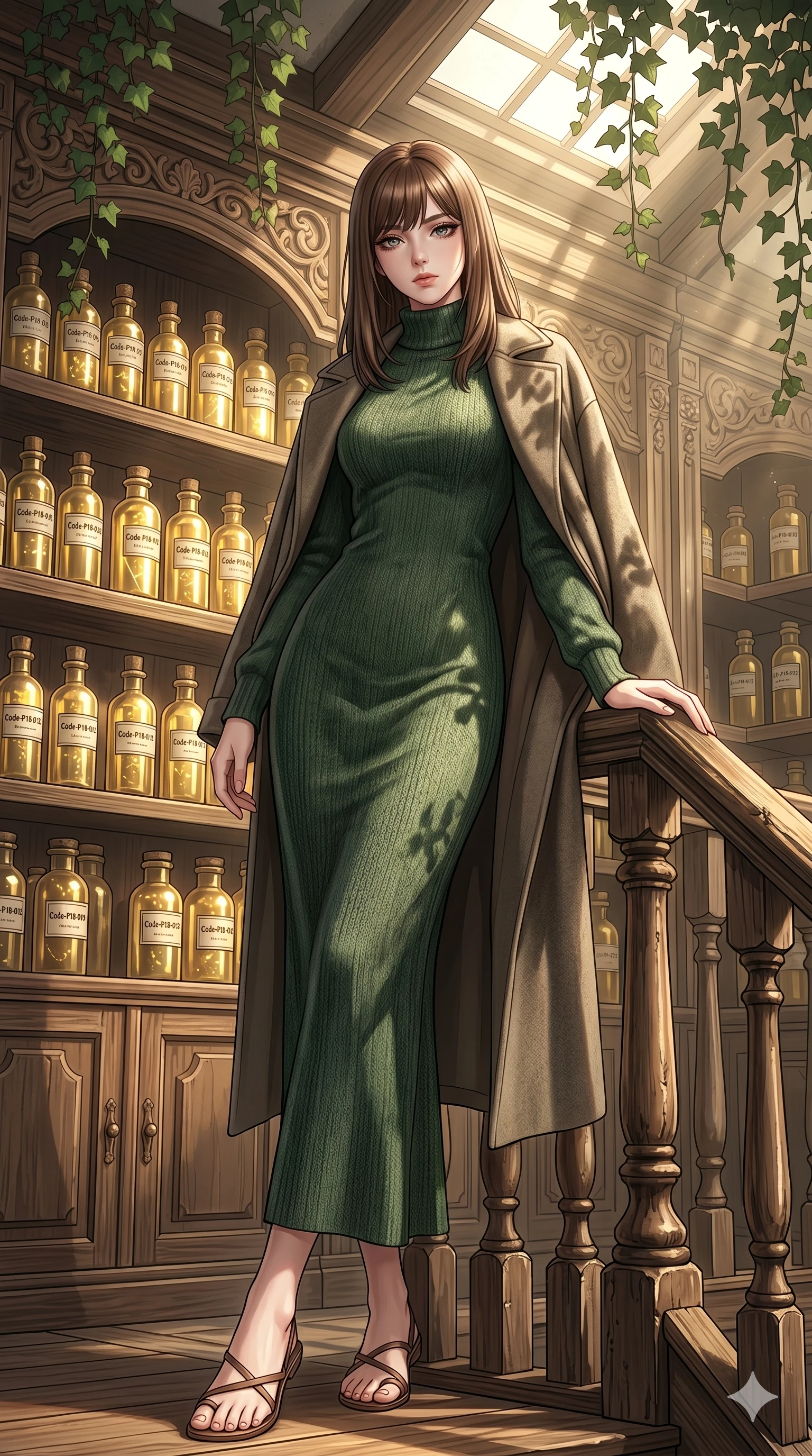 score_9, masterpiece, best quality, ultra-detailed, high-budget anime keyframe, editorial fashion photography, tasteful artistic composition, Korean woman. low angle full-body shot from head to toe showing her feet, filling the entire 9:16 vertical frame with her statuesque presence, stretching her vertical silhouette. resting one hand on the wooden railing, casting a bedroom-eyes gaze directly at the camera inside an alchemist's archive room filled with shelves of glowing gold vials (Code-P18-012). She has an absolutely perfect 8-heads proportion, an exceptionally tall and slender female figure with impossibly long slender legs and an ultra-slim waist. V-shaped jawline, high-bridge nose, intricate jewel-like eyes with depth, thick eyelashes, glossy lips with a natural sheen. wearing a long-sleeved high-neck knit maxi dress with a warm wool coat. drenched in brilliant afternoon sunshine, casting shadows of hanging ivy leaves over her form. 2k, ultra detail, master piece, 9:16 ratio