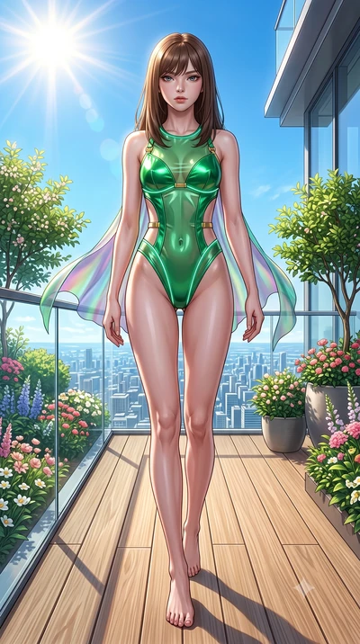 score_9, masterpiece, best quality, ultra-detailed, high-budget anime keyframe, semi-realistic 3D game render, editorial fashion photography, tasteful artistic composition, Korean woman. low angle full-body shot from head to toe showing her feet, fil