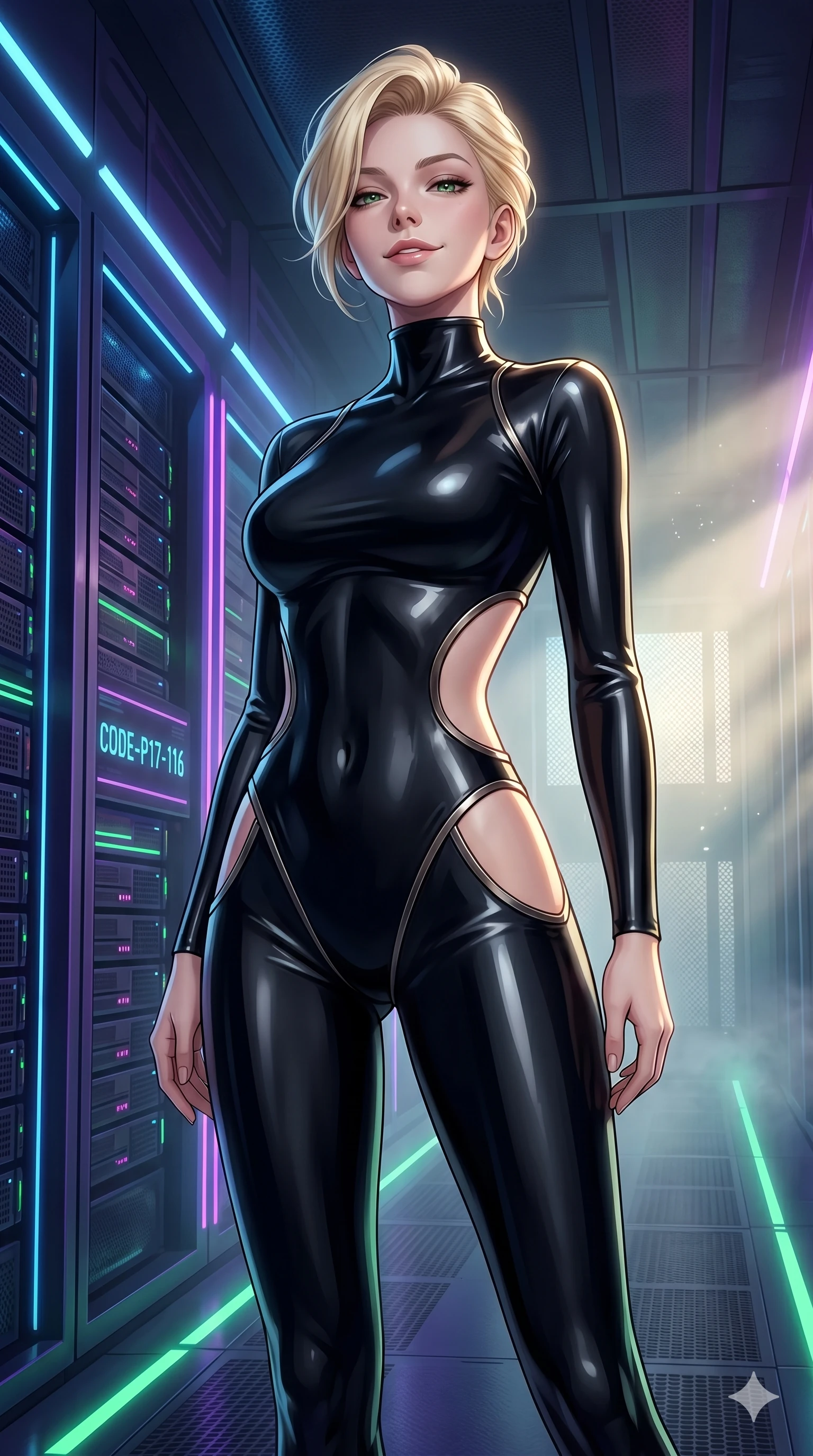 score_9, masterpiece, best quality, ultra-detailed, high-budget anime keyframe, editorial fashion photography, tasteful artistic composition, Caucasian woman, strictly human ears. cowboy shot from the thighs up, character and outfit filling the frame for maximum editorial presence. tilting her head back slightly, looking down with a self-assured smile in a cyberpunk server corridor with pulsing neon lines (Code-P17-116). She has an absolutely perfect 8-heads proportion, an exceptionally tall and slender female figure with impossibly long slender legs and an ultra-slim waist. V-shaped jawline, high-bridge nose, intricate jewel-like eyes with depth, thick eyelashes, glossy lips with a natural sheen. wearing a sleek latex sleek form-fitting suit with a elegant neck and side cutouts. soft morning sunbeams filtering through the mist, creating a soft glowing atmosphere. 2k, ultra detail, master piece, 9:16 ratio