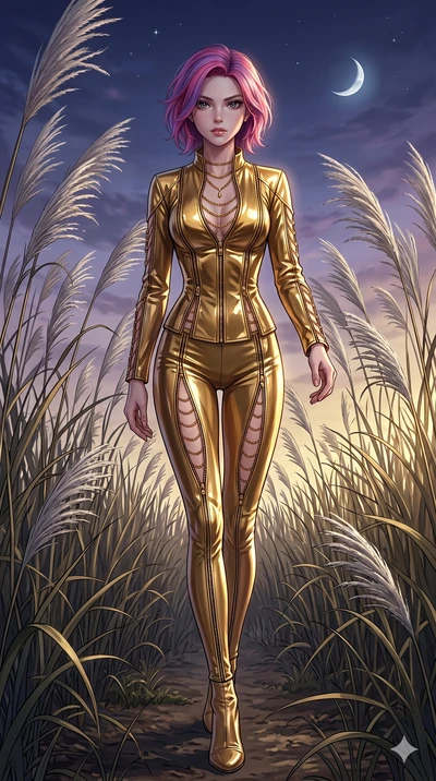 score_9, masterpiece, best quality, ultra-detailed, High-budget Anime Keyframe, East Asian woman. Dynamic full-body shot stretching the vertical silhouette to the limit. Scenario 38: Walking through a field of tall silver grass at twilight. Her prese