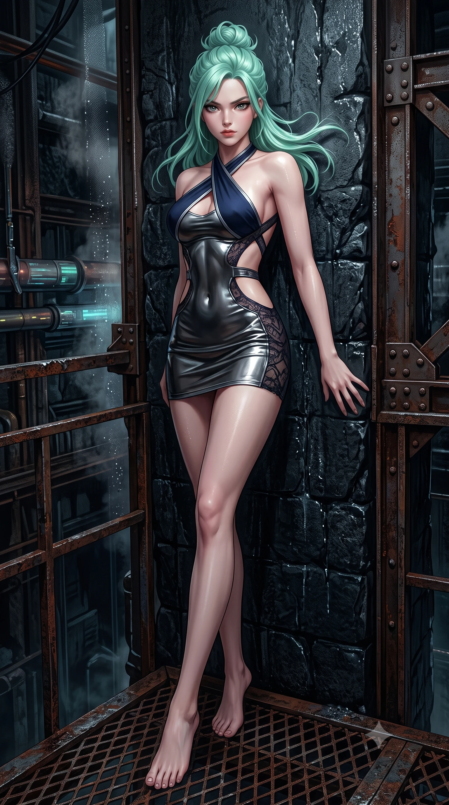 score_9, masterpiece, best quality, ultra-detailed, high-budget anime keyframe, semi-realistic 3D game render, editorial fashion photography, tasteful artistic composition, Japanese woman. low angle full-body shot from head to toe showing her feet, filling the entire 9:16 vertical frame with her statuesque presence, stretching her vertical silhouette. arching her back against the dark stone wall with provocative poise, extending one long slender leg to accentuate her razor-sharp statuesque silhouette while standing with commanding dangerous allure on a rusted metal grating suspended above a dark factory abyss. The surrounding environment is rendered in vivid detail and crisp panoramic clarity. detailed rusted iron grating textures, riveted steel beam joints, and steam condensation beads in deep focus. She has an absolutely perfect, statuesque 8.5-heads proportion, an exceptionally tall and slender model-like female figure with impossibly long slender legs, a toned flat midriff, and an ultra-slim waist. sharp v-shaped jawline, high-bridge nose, intricate jewel-like eyes with depth, thick eyelashes, glossy lips with a natural sheen, flawlessly proportioned anatomical accuracy, strict slender model proportions, natural body alignment, perfectly sculpted long slender limbs, ultra-slim waistline, clean dynamic posture without body distortion. wearing a molten gunmetal liquid-metal mini dress featuring deep side-waist cutouts and a daring crossover halter neckline in midnight navy blue and shadowed silver trim, crafted from delicate dark lace interwoven with luminescent micro-fibers, complemented by criss-cross back straps highlighting her completely bare spine, the glove-like aerodynamic second-skin fit tightly clinging to her ultra-slender waist and athletic curves without adding bulk, accentuating her razor-sharp statuesque lines and slim hourglass silhouette. surrounded by a gritty, rebellious, and fiercely provocative cyber-underworld queen aura. rich saturated anime colors with deep moody shadows, detailed chiaroscuro shading with soft gradients, rich glossy textures, high-contrast stereoscopic depth, volumetric dynamic shadow lighting, master piece, 9:16 ratio