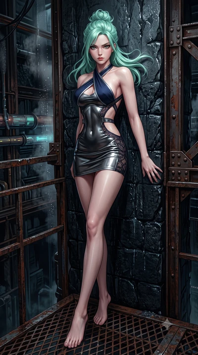 score_9, masterpiece, best quality, ultra-detailed, high-budget anime keyframe, semi-realistic 3D game render, editorial fashion photography, tasteful artistic composition, Japanese woman. low angle full-body shot from head to toe showing her feet, f