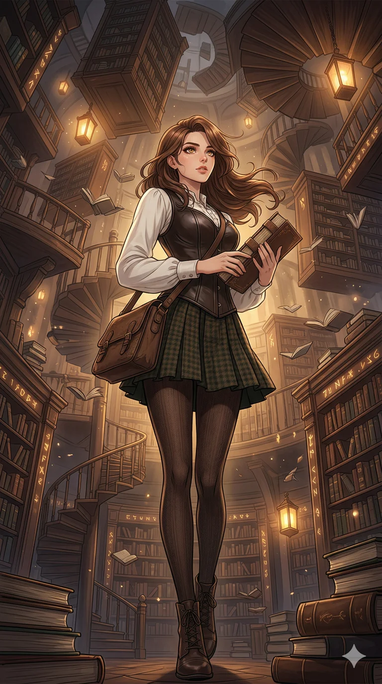 score_9, masterpiece, best quality, ultra-detailed, high-budget anime keyframe, an incredibly beautiful Caucasian woman (strictly human ears). Dynamic low angle cowboy shot filling the entire 9:16 frame with her statuesque presence. She is a librarian in a gravity-defying archive. Her figure boasts an absolutely perfect 8-heads proportion, an exceptionally tall and slender build emphasizing a delicate skinny aesthetic. Her face is a highly detailed masterpiece featuring a sharp v-shaped jawline, high-bridge nose, intricate jewel-like eyes, thick eyelashes, and glossy lips. She is wearing a sleek dark academia-inspired corset and micro skirt. A massive library where staircases and books float upside down, warm magical lighting., 2k, ultra detail, master piece, 9:16 ratio