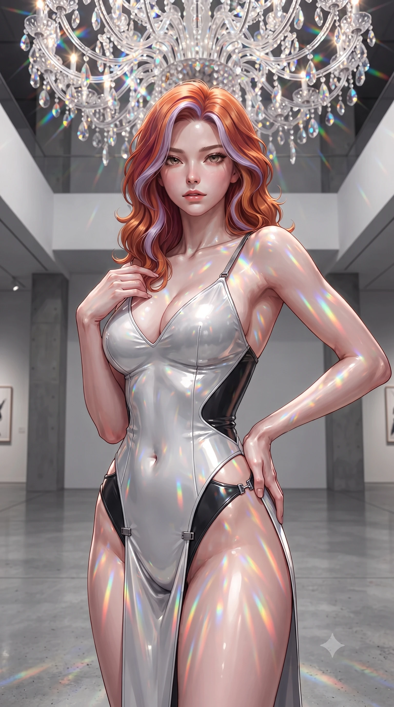 score_9, masterpiece, best quality, ultra-detailed, high-budget anime keyframe, editorial fashion photography, tasteful artistic composition, Caucasian woman. close-up cowboy shot from the waist and thighs up, the character dominates the composition, filling the frame with her large presence. gazing directly into the lens with bedroom eyes and a breathtaking, dangerous allure that commands the entire composition while pausing beneath a crystal chandelier refracting sunlight into dazzling rainbow rays across her skin. The surrounding environment is rendered in vivid detail and crisp panoramic clarity. intricate light refraction patterns, crisp modern museum architecture, and clean shadows in high clarity. She has an exceptionally elegant, slender, and willowy female figure with an ultra-slim waist, a gracefully sculpted slender torso, toned flat midriff, and a refined slim silhouette. sharp v-shaped jawline, high-bridge nose, intricate jewel-like eyes with depth, thick eyelashes, glossy lips with a natural sheen, flawlessly proportioned anatomical accuracy, strict slender model proportions, natural body alignment, perfectly sculpted long slender limbs, ultra-slim waistline, clean dynamic posture without body distortion. wearing a second-skin white liquid-mercury micro-bodysuit sculpted tightly to her slender build, featuring razor-thin metallic straps and hip cutouts in high-gloss monochrome white and sharp black contrast, made of liquid metal jersey that clings flawlessly to every contour of her build, finished with an ultra-high side slit secured by miniature magnetic clasps, the sleek second-skin cut tightly hugging her graceful clavicle, narrow waist, and feminine curves with athletic precision. surrounded by a hyper-creative, radiant, and fiercely chic modern fashion editorial aura. ultra-reflective glossy finish, specular highlights, metallic sheen, high-contrast stereoscopic depth, volumetric dynamic lighting, 2k, ultra detail, master piece, 9:16 ratio