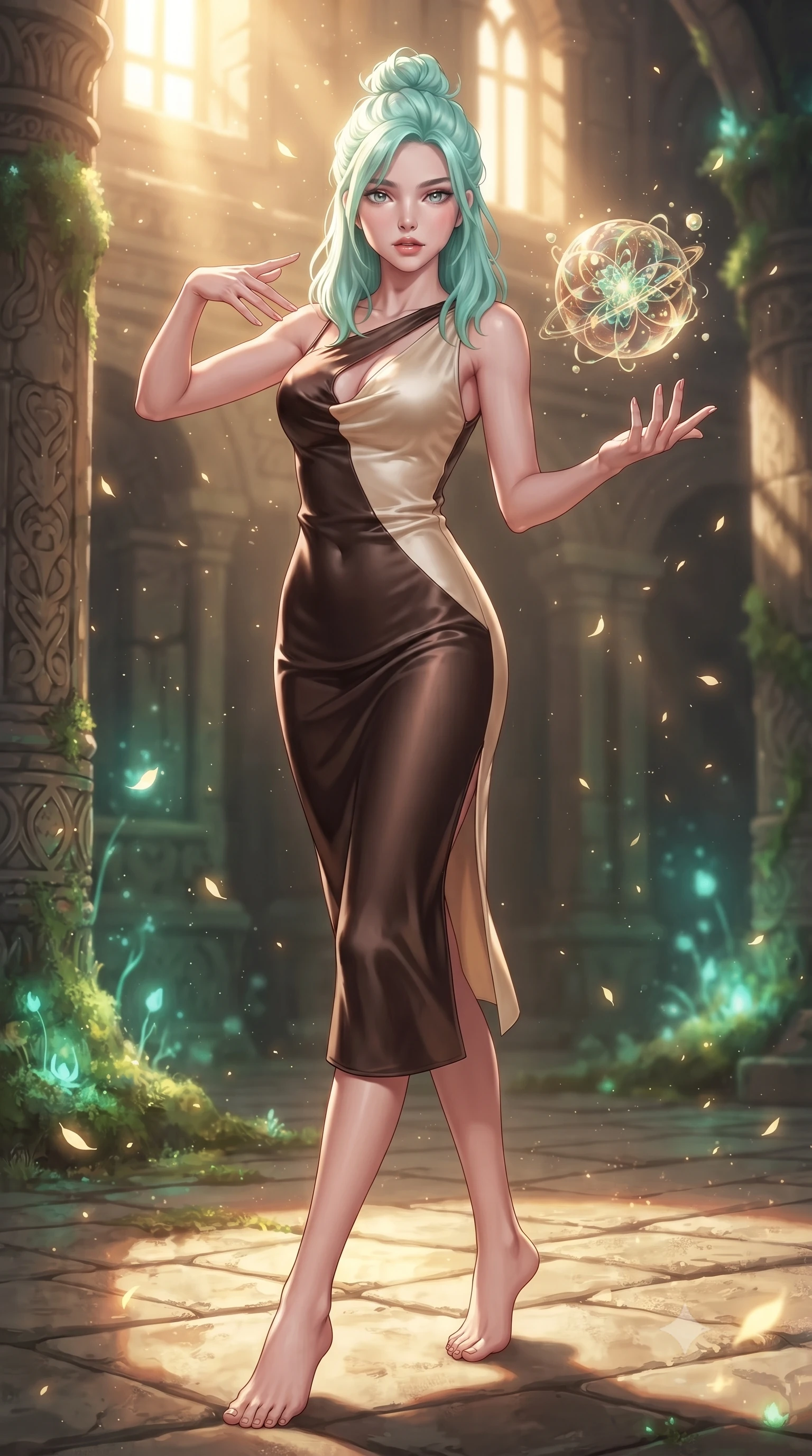 score_9, masterpiece, best quality, ultra-detailed, high-budget anime keyframe, editorial fashion photography, tasteful artistic composition, Japanese woman. low angle full-body shot from head to toe showing her feet, filling the entire 9:16 vertical frame with her statuesque presence, stretching her vertical silhouette. interacting gracefully with the magical floating elements while maintaining a confident posture interacting with a floating biomorphic pollen orb in a sunlit sanctuary, glowing pollen particles drifting gracefully around her form. She has an absolutely perfect, statuesque 8.5-heads proportion, an exceptionally tall and slender model-like female figure with impossibly long slender legs and an ultra-slim waist. sharp v-shaped jawline, high-bridge nose, intricate jewel-like eyes with depth, thick eyelashes, glossy lips with a natural sheen. wearing an elegant cowl-neck satin midi dress with a draped neckline in espresso brown and warm cream, made of premium stretch velvet with a rich sheen, accented with a Tasteful chest slit framing her clavicle gracefully, the glove-like fit emphasizing her statuesque silhouette. bathed in warm golden sunlight and soft emerald bioluminescent glow. highly saturated vibrant anime colors, detailed shading with soft gradients, rich glossy textures, high-contrast stereoscopic depth, volumetric dynamic lighting, master piece, 9:16 ratio
