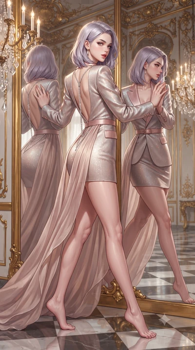 score_9, masterpiece, best quality, ultra-detailed, high-budget anime keyframe, editorial fashion photography, tasteful artistic composition, Caucasian woman. low angle full-body shot from head to toe showing her feet, filling the entire 9:16 vertica