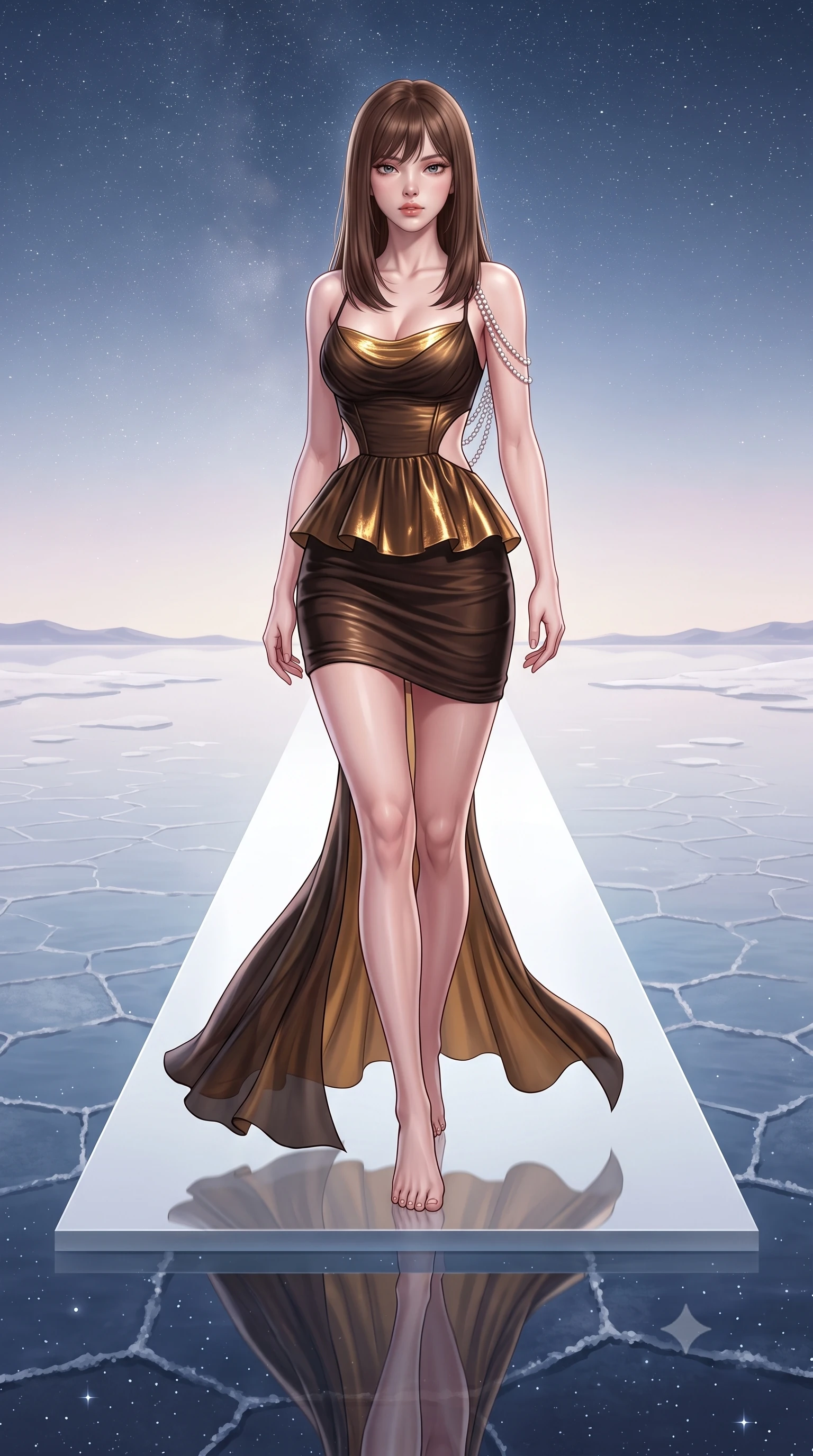 score_9, masterpiece, best quality, ultra-detailed, high-budget anime keyframe, semi-realistic 3D game render, editorial fashion photography, tasteful artistic composition, Korean woman. low angle full-body shot from head to toe showing her feet, filling the entire 9:16 vertical frame with her statuesque presence, stretching her vertical silhouette. striding forward in a proud supermodel runway stride, hips swaying in an alluring kinetic rhythm that accentuates her curvy hourglass silhouette while reclining on a minimalist white platform reflected in the mirror water, her curvy hips and long slender legs blending heaven and earth. The surrounding environment is rendered in vivid detail and crisp panoramic clarity. sharp water surface mirror reflections, hexagonal salt crust polygons beneath water, and starlight points in deep focus. She has an exceptionally tall and slender model-like 8.5-heads proportion, an ultra-slim waist, a flat toned midriff, narrow delicate ribcage, and beautifully sculpted feminine hips creating a graceful, slim hourglass silhouette without any bulky heaviness, with impossibly long slender legs. sharp v-shaped jawline, high-bridge nose, intricate jewel-like eyes with depth, thick eyelashes, glossy parted lips with a natural sheen, intensely captivating and seductive bedroom-eyes expression, flawlessly proportioned anatomical accuracy, strict slender model proportions, natural body alignment, perfectly sculpted long slender limbs, ultra-slim waistline, clean dynamic posture without body distortion. wearing a modern peplum corset dress with side-waist diamond cutouts and an ultra-tight silhouette in dark espresso brown and molten gold foil, woven from layered gossamer chiffon with a weightless sweeping drape, accented with a multi-strand pearl back necklace cascading down her bare spine to her hips, the second-skin form-contouring cut accentuating her sculpted flat midriff, narrow delicate ribcage, and gracefully curvy hips with supermodel precision. illuminated by soft ambient celestial rim lighting sharply sculpting her razor-sharp jawline, narrow waist, and curvy hips. highly saturated vibrant anime colors, detailed shading with soft gradients, rich glossy textures, high-contrast stereoscopic depth, volumetric dynamic lighting, master piece, 9:16 ratio