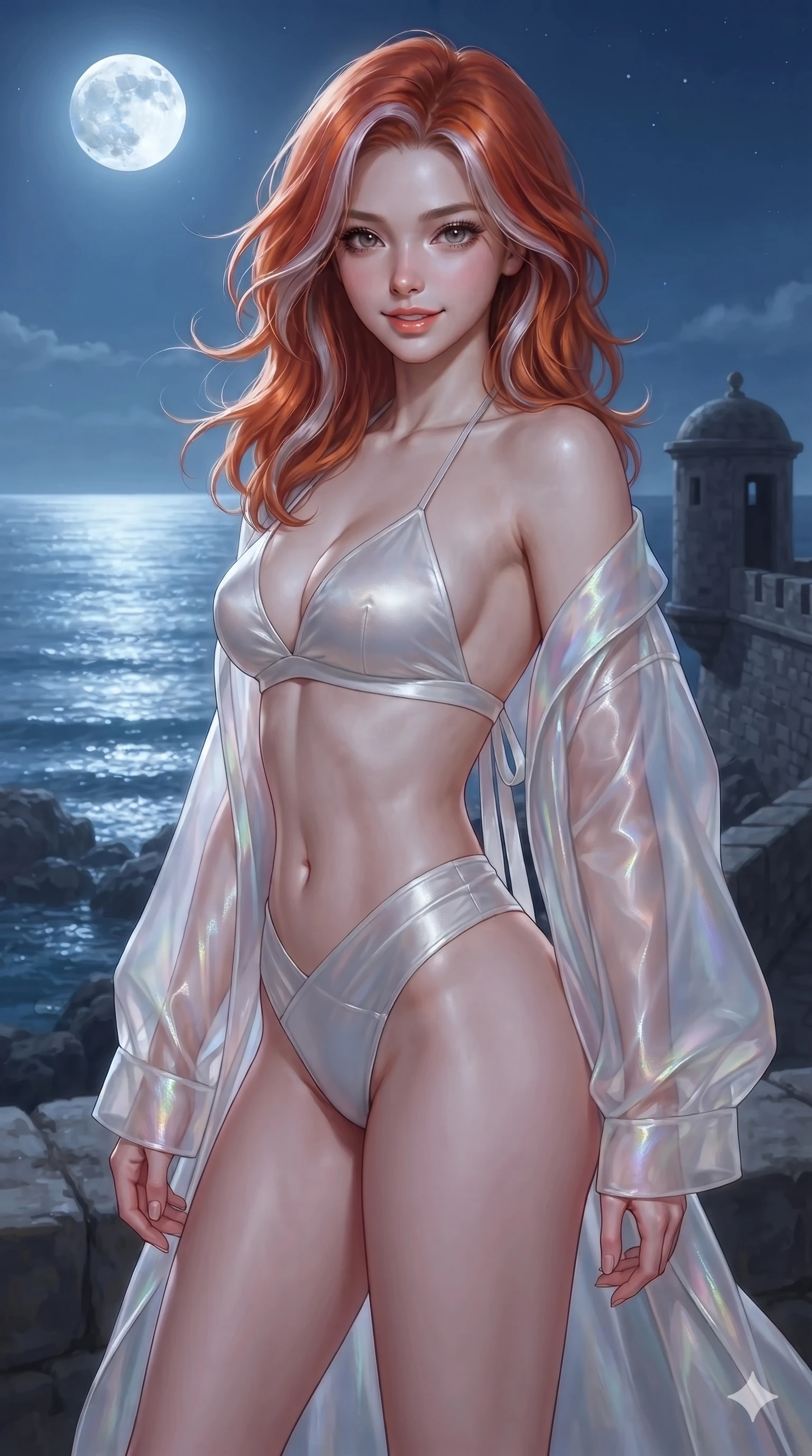 score_9, masterpiece, best quality, ultra-detailed, high-budget anime keyframe, editorial fashion photography, tasteful artistic composition, Caucasian woman. close-up cowboy shot from the waist and thighs up, the character dominates the composition, filling the frame with her large presence. smiling with quiet, magnetic self-assurance directly into the camera, her sculpted waistline catching specular moonbeam highlights while standing tall against the panoramic coastal opening, stretching her statuesque body as maritime breezes whip through her hair. The surrounding environment is rendered in vivid detail and crisp panoramic clarity: detailed sheer gossamer hanbok blouse tailoring, silk bandeau, and historic coastal construction in razor-sharp clarity. She has an exceptionally elegant, slender, and willowy female figure with an ultra-slim waist, flat toned midriff, narrow ribcage, and sculpted feminine hips creating an alluring, slim hourglass silhouette without bulk. sharp v-shaped jawline, high-bridge nose, sparkling eyes with hypnotic seductive depth, thick curled eyelashes, glossy parted lips with a natural dewy peach sheen, alluring bedroom-eyes with an enchanting coquettish smile, exuding magnetic siren charisma and sophisticated glamour, flawlessly proportioned anatomical accuracy, strict slender model proportions, natural body alignment, perfectly sculpted long slender limbs, ultra-slim waistline, clean dynamic posture without body distortion. wearing a translucent iridescent organza durumagi robe slipping off bare shoulders over a matching satin micro-bralette and wrap briefs in celestial pearl white and moonlight platinum, woven from bespoke Korean ramie fabric with crisp tactile slub texture, finished with long silk ribbon ties fluttering down her bare spine from a backless halter, the liquid-tight tailored fabric clinging flawlessly to her narrow waist and rounded feminine hips, emphasizing every millimeter of her sculpted slim hourglass curves without any bulky heaviness. bathed in high-intensity silver moonlight reflecting off open ocean waters. ultra-reflective glossy finish, specular highlights, rich textural contrasts, high-contrast stereoscopic depth, volumetric dynamic lighting, 2k, ultra detail, master piece, 9:16 ratio