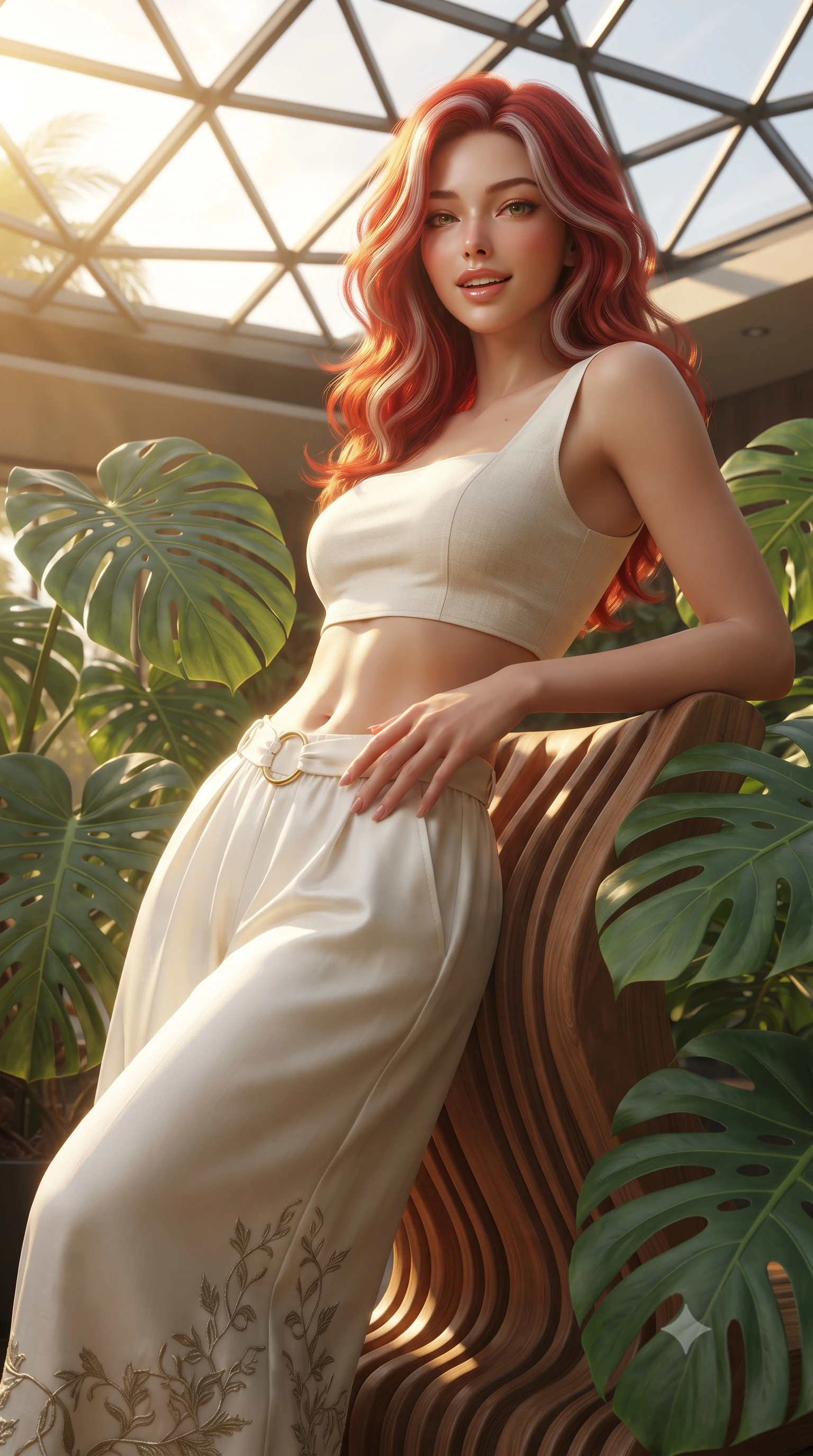 score_9, masterpiece, best quality, ultra-detailed, high-budget anime keyframe, editorial fashion photography, tasteful artistic composition, Caucasian woman. close-up cowboy shot from the waist and thighs up, the character dominates the composition, filling the frame with her large presence. arching her spine in an alluring serpentine S-curve, one hand resting on her waist with parted glossy lips and an intensely magnetic gaze while leaning back against sculpted ergonomic teak furniture surrounded by giant monstera leaves, smiling with radiant warmth. The surrounding environment is rendered in vivid detail and crisp panoramic clarity. sharp tropical leaf venation, geometric glass frame joints, and polished porcelain textures in deep focus. She has an exceptionally elegant, slender, and willowy female figure with an ultra-slim waist, a gracefully sculpted slender torso, toned flat midriff, and a refined slim silhouette. sharp v-shaped jawline, high-bridge nose, intricate jewel-like eyes with depth, thick eyelashes, glossy parted lips with a natural sheen, intensely captivating and seductive expression, flawlessly proportioned anatomical accuracy, strict slender model proportions, natural body alignment, perfectly sculpted long slender limbs, ultra-slim waistline, clean dynamic posture without body distortion. wearing an architectural white linen crop top paired with low-slung flowing silk palazzo pants and a gold ring belt in pristine ivory white and brushed brass gold, tailored from crisp structured cotton poplin with organic dye, finished with organic vine-inspired metallic embroidery along the hem, the lightweight liquid-knit fabric adhering like a second skin to her slender frame, highlighting her effortless sun-kissed charm. bathed in glorious golden hour sunlight streaming through the solar glass ceiling. ultra-reflective glossy finish, specular highlights, rich textural contrasts, high-contrast stereoscopic depth, volumetric dynamic lighting, 2k, ultra detail, master piece, 9:16 ratio