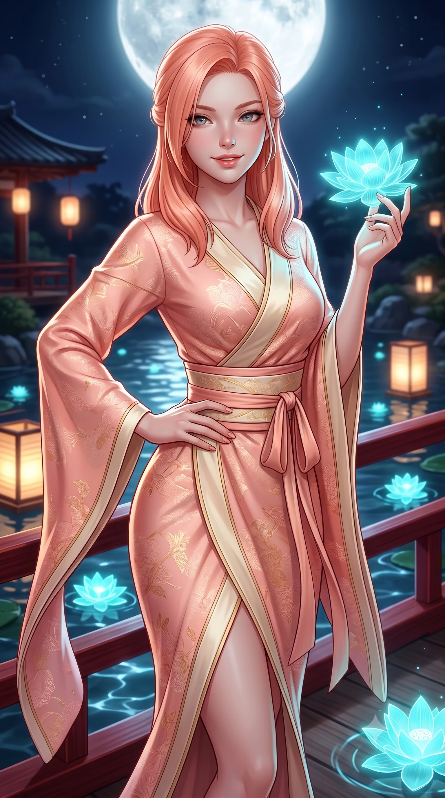 score_9, masterpiece, best quality, ultra-detailed, high-budget anime keyframe, semi-realistic 3D game render, editorial fashion photography, tasteful artistic composition, Japanese woman. close-up cowboy shot from the waist and thighs up, the character dominates the composition, filling the frame with her large presence. smiling with subtle, enchanting allure and glossy parted lips, one hand resting on her waist with effortless supermodel poise while pivoting gracefully as floating holographic lotus blossoms drift across the water, touching one petal with a gentle smile. The surrounding environment is rendered in vivid detail and crisp panoramic clarity. sharp lacquered wooden bridge railings, glowing lotus blossom veins, and water ripple caustics in deep focus. She has an exceptionally elegant, slender, and willowy female figure with an ultra-slim waist, a gracefully sculpted slender torso, toned flat midriff, and a refined slim silhouette. sharp v-shaped jawline, high-bridge nose, intricate jewel-like eyes with depth, thick eyelashes, glossy lips with a natural sheen, captivating and magnetic expression, flawlessly proportioned anatomical accuracy, strict slender model proportions, natural body alignment, perfectly sculpted long slender limbs, ultra-slim waistline, clean dynamic posture without body distortion. wearing a traditional-modern silk fusion wrap dress with asymmetric trailing sleeves and waist-cinching obi in soft peach blossom pink and warm ivory, woven from lightweight fluid silk brocade with woven gold thread, accessorized with delicate cherry blossom hairpins and glowing paper lantern charms, the form-contouring material adhering flawlessly to her sculpted flat midriff and slender torso, emphasizing her long leg lines and perfectly proportioned willowy build. bathed in radiant silver-white full moon backlighting and soft cyan holographic lotus glow. highly saturated vibrant anime colors, detailed shading with soft gradients, rich glossy textures, high-contrast stereoscopic depth, volumetric dynamic lighting, master piece, 9:16 ratio