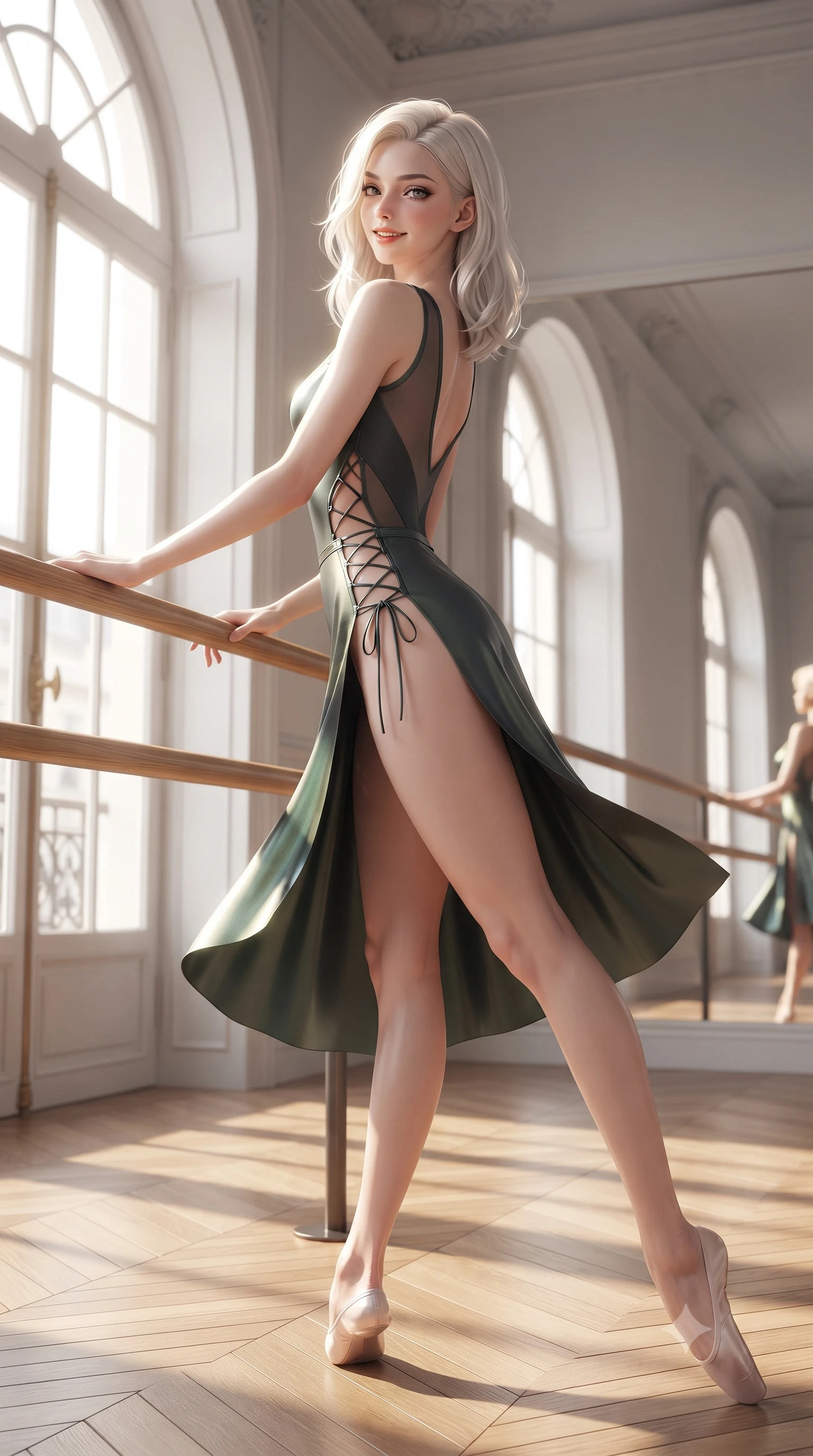 score_9, masterpiece, best quality, ultra-detailed, high-budget anime keyframe, editorial fashion photography, tasteful artistic composition, Caucasian woman. low angle full-body shot from head to toe showing her feet, filling the entire 9:16 vertical frame with her statuesque presence, stretching her vertical silhouette. executing a slow, graceful pivot turn as her skirt sways around her slender legs, glancing back with an enchanting, teasing sensual expression while resting one hand on the wooden ballet barre while extending one long slender leg in an exquisite arabesque, arching her spine with dancer poise. The surrounding environment is rendered in vivid detail and crisp panoramic clarity: sharp polished wooden barre grain, oak parquet floor seams, and crystal clear mirror reflection in deep focus. She has an absolutely perfect, statuesque 8.5-heads proportion, an exceptionally tall and slender model-like female figure with impossibly long slender legs, an ultra-slim waist, a flat toned midriff, narrow delicate ribcage, and beautifully sculpted feminine hips creating a graceful, slim hourglass silhouette without any bulky heaviness. sharp v-shaped jawline, high-bridge nose, sparkling eyes with hypnotic seductive depth, thick curled eyelashes, glossy parted lips with a natural dewy peach sheen, alluring bedroom-eyes with an enchanting coquettish smile, exuding magnetic siren charisma and sophisticated glamour, flawlessly proportioned anatomical accuracy, strict slender model proportions, natural body alignment, perfectly sculpted long slender limbs, ultra-slim waistline, clean dynamic posture without body distortion. wearing a liquid metallic lamé ballet leotard clinging like a second skin with high-cut side hip cutouts in stealth night-vision green and carbon charcoal with neon accents, made of semi-opaque stretch illusion mesh with soft shadowy contours, finished with fine criss-cross lace-up side ties revealing tantalizing glimpses of her hip curve, the high-slit wrap tailoring accentuating her ultra-slim waistline and the enchanting curve of her feminine hips with alluring seductive charm. bathed in radiant morning sunlight streaming through monumental Parisian arched windows. ultra-reflective glossy finish, specular highlights, rich textural contrasts, high-contrast stereoscopic depth, volumetric dynamic lighting, 2k, ultra detail, master piece, 9:16 ratio