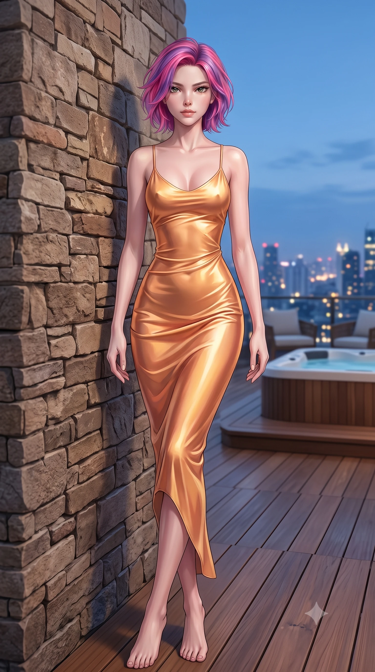 score_9, masterpiece, best quality, ultra-detailed, high-budget anime keyframe, editorial fashion photography, tasteful artistic composition, Caucasian woman woman. low angle full-body shot from head to toe showing her feet, filling the entire 9:16 vertical frame with her statuesque presence, stretching her vertical silhouette. leaning back against a rustic stone wall, casting a slow, alluring gaze at the camera the background shows a soft-focus a wooden deck of a high-rise penthouse, with outdoor furniture and a private jacuzzi. She has an absolutely perfect, statuesque 8.5-heads proportion, an exceptionally tall and slender model-like female figure with impossibly long slender legs and an ultra-slim waist. sharp v-shaped jawline, high-bridge nose, intricate jewel-like eyes with depth, thick eyelashes, glossy lips with a natural sheen. wearing a tailored body-hugging liquid silk slip dress in sunset gold, clinging to her slender waist and hips. glittering city lights starting to turn on in the blue twilight background. 2k, ultra detail, master piece, 9:16 ratio