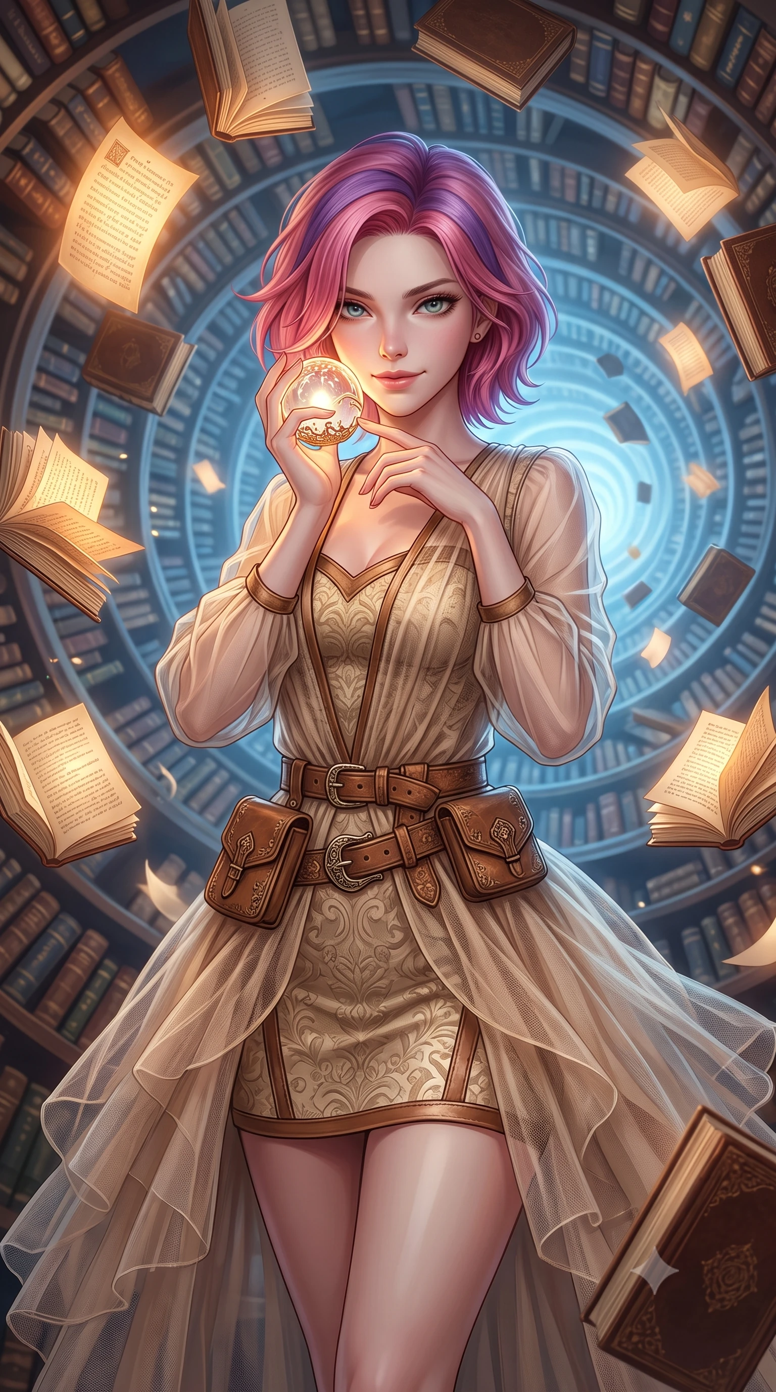 score_9, masterpiece, best quality, ultra-detailed, high-budget anime keyframe, editorial fashion photography, tasteful artistic composition, Caucasian woman, strictly human ears. close-up cowboy shot from the waist and thighs up, the character dominates the composition, filling the frame with her large presence, background elements kept in soft focus. Holding a delicate object up near her face while gazing at the viewer with a knowing smile. set against a soft-focus background of an impossible spiral library extending infinitely in all directions with leather-bound books floating off shelves in zero gravity pages turning themselves and illuminated manuscripts orbiting like literary satellites. She has an exceptionally elegant and slender, willowy female figure with an ultra-slim waist, a gracefully sculpted slender torso, and a refined slim physique. sharp v-shaped jawline, high-bridge nose, intricate jewel-like eyes with depth, thick eyelashes, glossy lips with a natural sheen. wearing a transparent overlay skirt in beige tulle over a fitted matching mini dress, styled with a leather belt. warm amber reading-light glow from floating manuscripts and self-illuminating book pages combined with cool blue infinity-light from the endlessly receding spiral architecture. 2k, ultra detail, master piece, 9:16 ratio