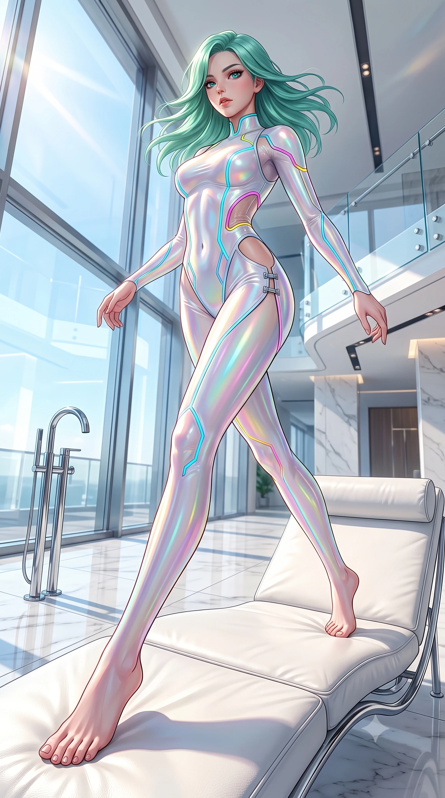 score_9, masterpiece, best quality, ultra-detailed, high-budget anime keyframe, semi-realistic 3D game render, editorial fashion photography, tasteful artistic composition, Japanese woman. low angle full-body shot from head to toe showing her feet, filling the entire 9:16 vertical frame with her statuesque presence, stretching her vertical silhouette. pivoting dynamically in mid-motion with a breathtakingly alluring posture, displaying her flawless model proportions and ultra-slim waist while stretching her long slender legs along a low white leather lounger as natural daylight floods the interior. The surrounding environment is rendered in vivid detail and crisp panoramic clarity. crisp architectural white marble seams, polished chrome fixtures, and crystal glass railings in deep focus. She has an absolutely perfect, statuesque 8.5-heads proportion, an exceptionally tall and slender model-like female figure with impossibly long slender legs, a toned flat midriff, and an ultra-slim waist. sharp v-shaped jawline, high-bridge nose, intricate jewel-like eyes with depth, thick eyelashes, glossy lips with a natural sheen, flawlessly proportioned anatomical accuracy, strict slender model proportions, natural body alignment, perfectly sculpted long slender limbs, ultra-slim waistline, clean dynamic posture without body distortion. wearing a skin-tight cybernetic bodysuit with glowing neon seams, deep hip cutouts, and an aerodynamic athletic fit in glistening liquid pearl white with rainbow opalescence, tailored from semi-translucent cybernetic vinyl with glowing micro-filaments, finished with an ultra-high side slit secured by miniature magnetic clasps, the liquid-tight tailored fabric emphasizing every curve of her tall, slender model proportions and sculptured silhouette during dynamic movement. bathed in bright, clean high-key natural sunlight flooding through panoramic glass walls. highly saturated vibrant anime colors, detailed shading with soft gradients, rich glossy textures, high-contrast stereoscopic depth, volumetric dynamic lighting, master piece, 9:16 ratio
