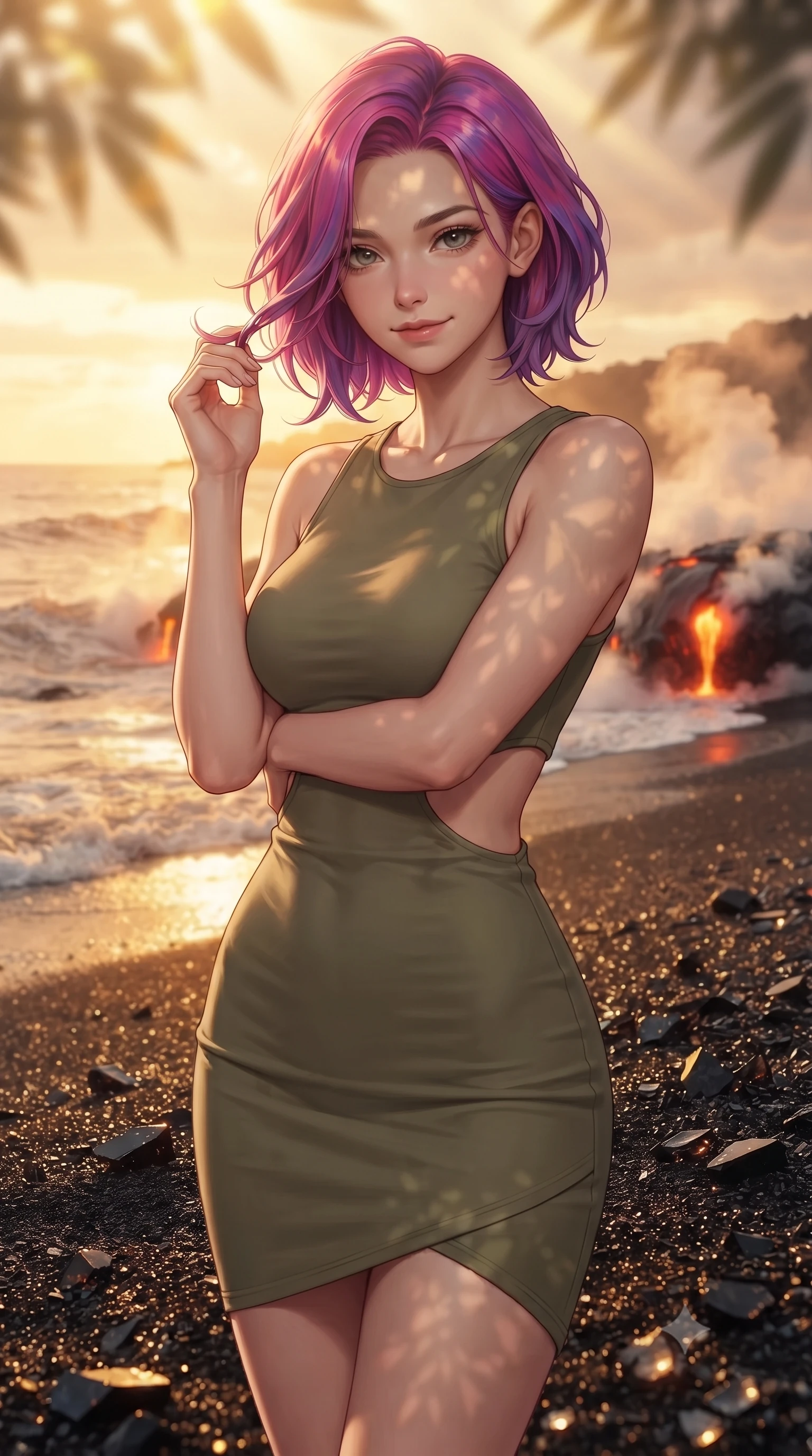 score_9, masterpiece, best quality, ultra-detailed, high-budget anime keyframe, editorial fashion photography, tasteful artistic composition, Caucasian woman, strictly human ears. close-up cowboy shot from the waist and thighs up, the character dominates the composition, filling the frame with her large presence, background elements kept in soft focus. Gently brushing hair from her face with an enigmatic half-smile. set against a soft-focus background of a beach of glittering jet-black volcanic glass sand with waves of molten gold lapping at the shore where magma meets ocean steam rising in great columns and the black glass fragments catching light like dark diamonds. She has an exceptionally elegant and slender, willowy female figure with an ultra-slim waist, a gracefully sculpted slender torso, and a refined slim physique. sharp v-shaped jawline, high-bridge nose, intricate jewel-like eyes with depth, thick eyelashes, glossy lips with a natural sheen. wearing a bodycon mini dress in olive green, featuring a side cut-out at the waist and an asymmetric hem. warm golden afternoon sunbeams casting soft organic leaf shadows across her skin. 2k, ultra detail, master piece, 9:16 ratio