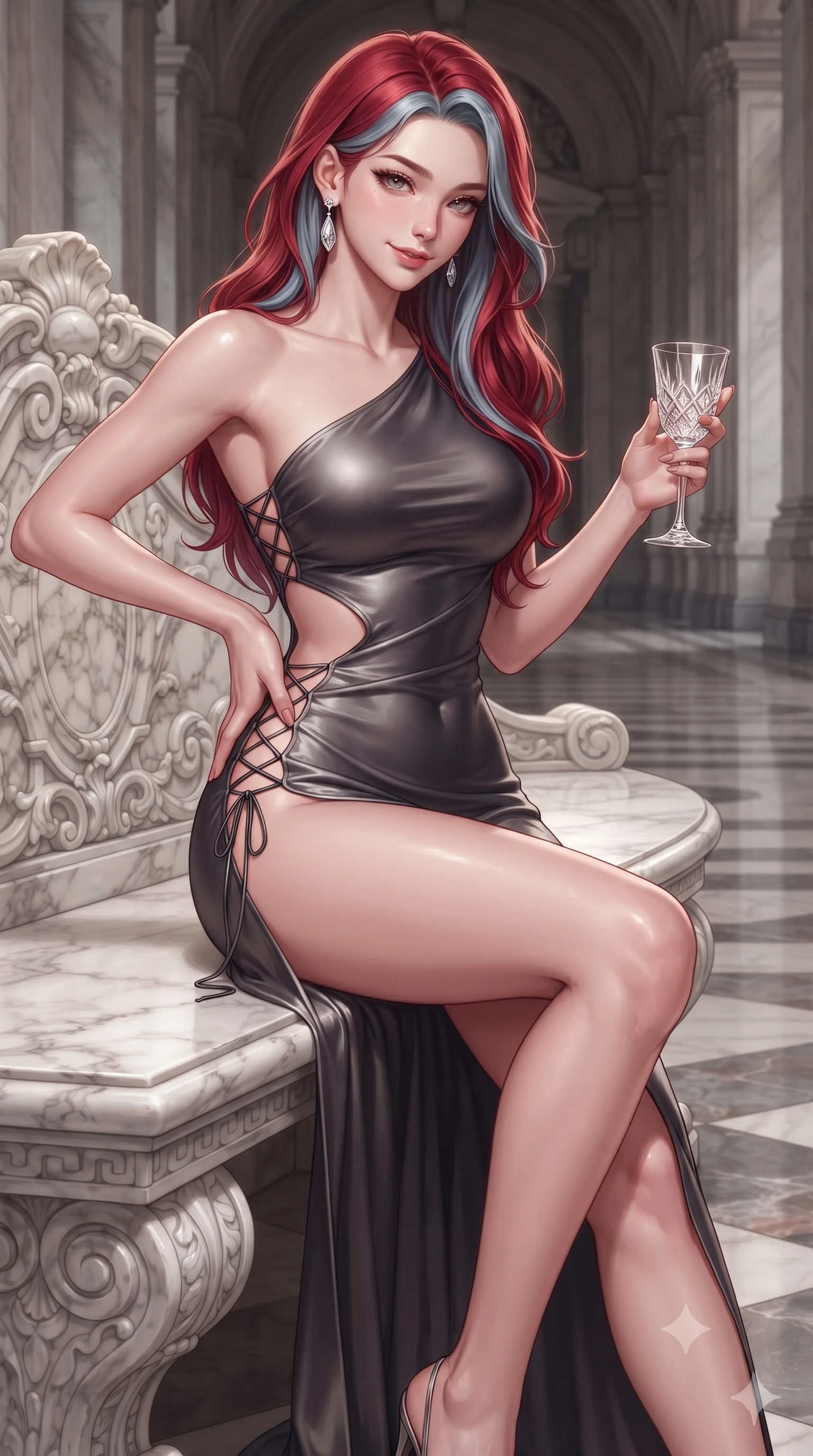 score_9, masterpiece, best quality, ultra-detailed, high-budget anime keyframe, editorial fashion photography, tasteful artistic composition, Caucasian woman. close-up cowboy shot from the waist and thighs up, the character dominates the composition, filling the frame with her large presence. tilting her head with a teasing half-smile, running one hand slowly down the side of her hip in a flirtatious S-curve as ambient light caresses her silhouette while sitting perched on the carved marble garden bench with one knee drawn up, holding a delicate crystal glass with sovereign seductive cool. The surrounding environment is rendered in vivid detail and crisp panoramic clarity: detailed deep sweetheart velvet bodycon dress cling, diamond drop earrings gleam, and Habsburg architectural grandeur in high resolution. She has an exceptionally elegant, slender, and willowy female figure with an ultra-slim waist, flat toned midriff, narrow ribcage, and sculpted feminine hips creating an alluring, slim hourglass silhouette without bulk. sharp v-shaped jawline, high-bridge nose, sparkling eyes with hypnotic seductive depth, thick curled eyelashes, glossy parted lips with a natural dewy peach sheen, alluring bedroom-eyes with an enchanting coquettish smile, exuding magnetic siren charisma and sophisticated glamour, flawlessly proportioned anatomical accuracy, strict slender model proportions, natural body alignment, perfectly sculpted long slender limbs, ultra-slim waistline, clean dynamic posture without body distortion. wearing an asymmetric one-shoulder liquid jersey gown with dramatic hip-high slit and sculptural waist cutout in smoky charcoal and metallic platinum, crafted from fluid liquid silk satin that clings smoothly to every curve with a dewy sheen, featuring fine criss-cross lace-up side ties revealing tantalizing glimpses of her hip curve, the high-slit wrap tailoring accentuating her ultra-slim waistline and the enchanting curve of her feminine hips with alluring seductive charm. illuminated by polished stone floor reflection bounce and sharp platinum rim lights defining her razor-sharp jawline, narrow waist, and curvy hips. ultra-reflective glossy finish, specular highlights, rich textural contrasts, high-contrast stereoscopic depth, volumetric dynamic lighting, 2k, ultra detail, master piece, 9:16 ratio