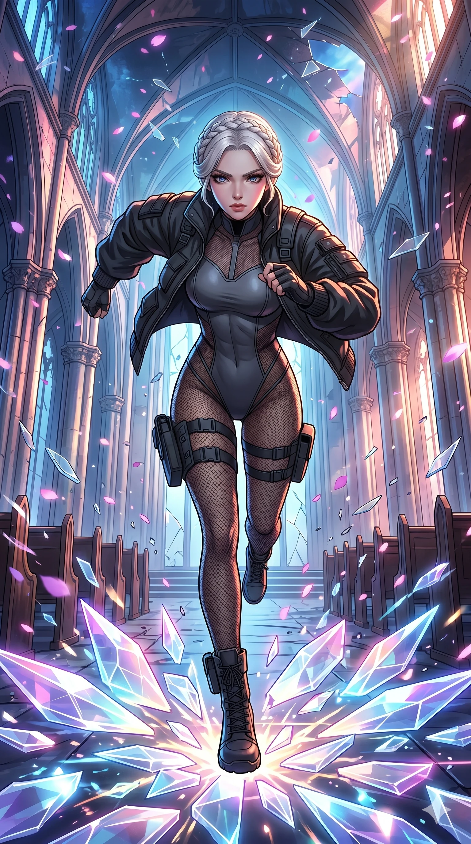 score_9, masterpiece, best quality, ultra-detailed, Set A: High-budget Anime Keyframe, Caucasian (strictly human ears) woman. Low angle cowboy shot filling the entire 9:16 frame with her statuesque presence. Sprinting through a shattered glass cathedral, as the ground beneath her turns into 21 shards of light and surrounded by digital sakura petals. She has an absolutely perfect 8-heads proportion, an exceptionally tall and slender female figure with impossibly long slender legs and an ultra-slim waist. Sharp v-shaped jawline, high-bridge nose, intricate jewel-like eyes with depth, thick eyelashes, glossy lips with a natural sheen. Wearing Heavy tactical bomber jacket worn over a micro-bodysuit with mesh stockings. Cinematic lighting, vibrant colors, dramatic shadows, 2k, ultra detail, master piece, 9:16 ratio