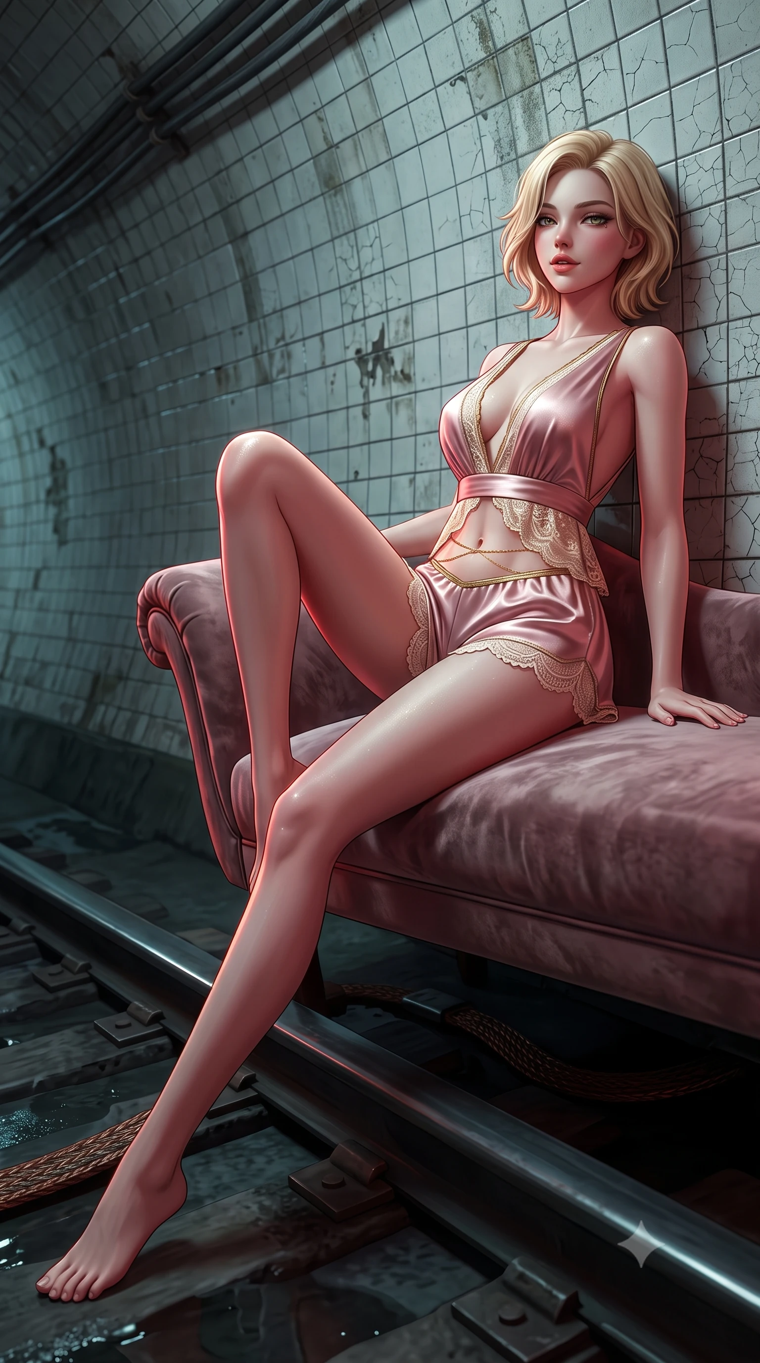 score_9, masterpiece, best quality, ultra-detailed, high-budget anime keyframe, semi-realistic 3D game render, editorial fashion photography, tasteful artistic composition, Caucasian woman. low angle full-body shot from head to toe showing her feet, filling the entire 9:16 vertical frame with her statuesque presence, stretching her vertical silhouette. reclining gracefully across the plush chaise lounge with one leg extended, her sculpted silhouette and flat midriff radiating magnetic nocturnal glamour while leaning against the weathered tiled tunnel wall with hips cocked back, looking into the darkness with an alluring, parted-lip smile. The surrounding environment is rendered in vivid detail and crisp panoramic clarity: sharp ceramic subway wall tile crazing, steel rail sheen, and braided conduit copper ground straps in deep focus. She has an absolutely perfect, statuesque 8.5-heads proportion, an exceptionally tall and slender model-like female figure with impossibly long slender legs, an ultra-slim waist, a flat toned midriff, narrow delicate ribcage, and beautifully sculpted feminine hips creating a graceful, slim hourglass silhouette without any bulky heaviness. sharp v-shaped jawline, high-bridge nose, sparkling eyes with hypnotic seductive depth, thick curled eyelashes, glossy parted lips with a natural dewy peach sheen, alluring bedroom-eyes with an enchanting coquettish smile, exuding magnetic siren charisma and sophisticated glamour, flawlessly proportioned anatomical accuracy, strict slender model proportions, natural body alignment, perfectly sculpted long slender limbs, ultra-slim waistline, clean dynamic posture without body distortion. wearing a deep V-neck silk satin ballerina romper with scalloped eyelash-lace hems and a cinched satin waist ribbon in blush ballerina pink and warm ivory lace with antique gold trims, woven from stretch metallic lurex jersey casting radiant starlight glints across her silhouette, accented with a dainty gold belly chain resting across her flat midriff and curving hips, the high-slit wrap tailoring accentuating her ultra-slim waistline and the enchanting curve of her feminine hips with alluring seductive charm. illuminated by wet track puddle bounce and sharp deep-red rim lights sculpting her jawline, flat midriff, and voluptuous hip curves. highly saturated vibrant anime colors, detailed shading with soft gradients, rich glossy textures, high-contrast stereoscopic depth, volumetric dynamic lighting, master piece, 9:16 ratio