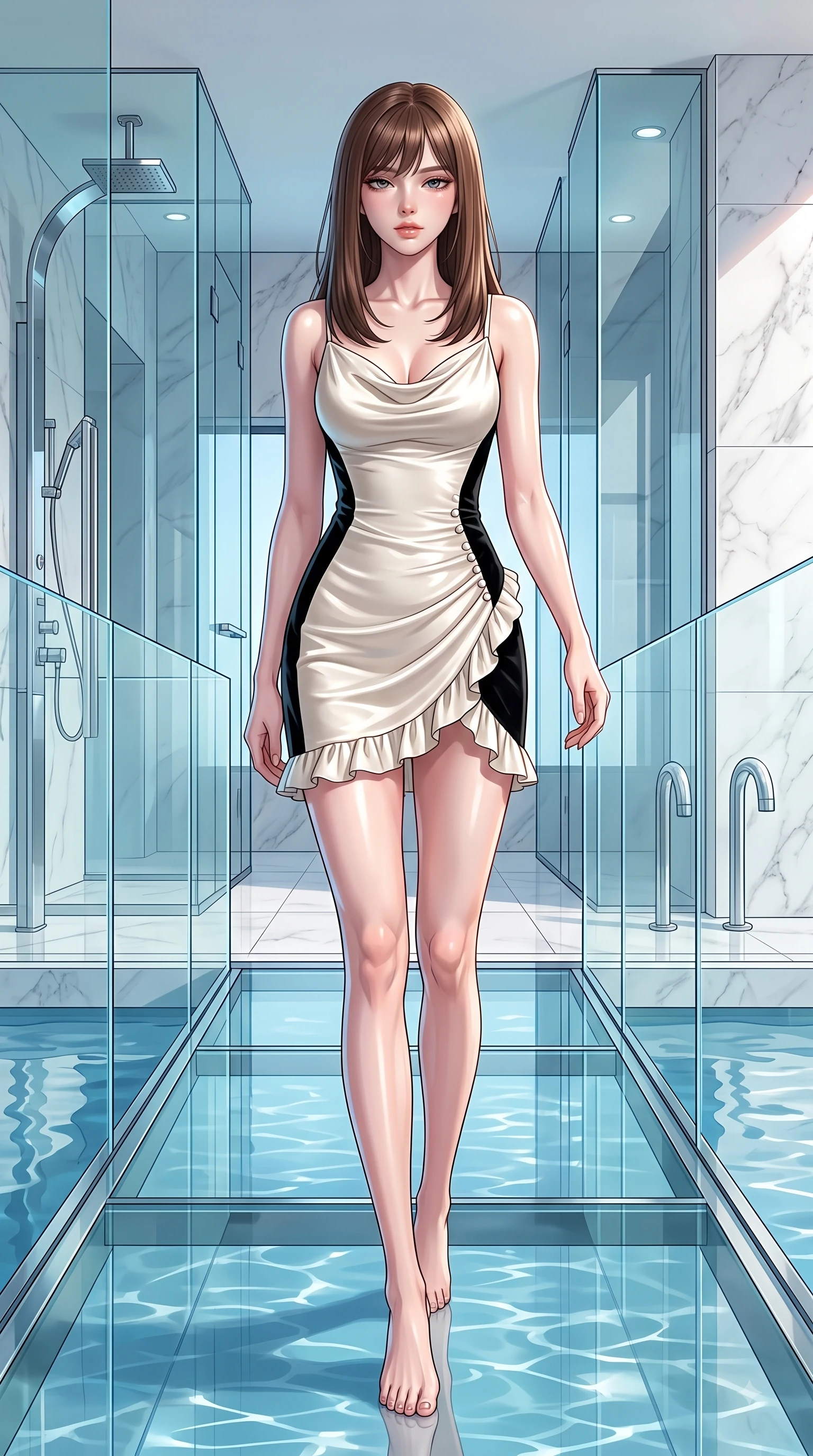 score_9, masterpiece, best quality, ultra-detailed, high-budget anime keyframe, editorial fashion photography, tasteful artistic composition, Korean woman. low angle full-body shot from head to toe showing her feet, filling the entire 9:16 vertical frame with her statuesque presence, stretching her vertical silhouette. Sensual alluring expression with smoldering intensity, half-closed bedroom eyes, and softly parted glossy lips while stepping gracefully along a glass bridge overlooking a sunlit indoor reflecting pool. The surrounding environment is rendered in vivid detail and crisp panoramic clarity. crisp glass geometric panels, polished chrome fixtures, and white marble textures in deep focus. She has an absolutely perfect, statuesque 8.5-heads proportion, an exceptionally tall and slender model-like female figure with impossibly long slender legs and an ultra-slim waist. sharp v-shaped jawline, high-bridge nose, intricate jewel-like eyes with depth, thick eyelashes, glossy lips with a natural sheen, flawlessly proportioned anatomical accuracy, natural body alignment, perfectly sculpted elegant limbs, clean dynamic posture without body distortion. wearing an elegant ivory silk cowl-neck dress with fluid draped lines in monochrome white and glossy black contrast, made of premium stretch velvet with a rich glossy sheen, accented with delicate pearl buttons and refined ruffle trims, the chic fashion cut framing her graceful clavicle and slender torso. illuminated by polished specular highlights and cool futuristic rim lighting. highly saturated vibrant anime colors, detailed shading with soft gradients, rich glossy textures, high-contrast stereoscopic depth, volumetric dynamic lighting, master piece, 9:16 ratio