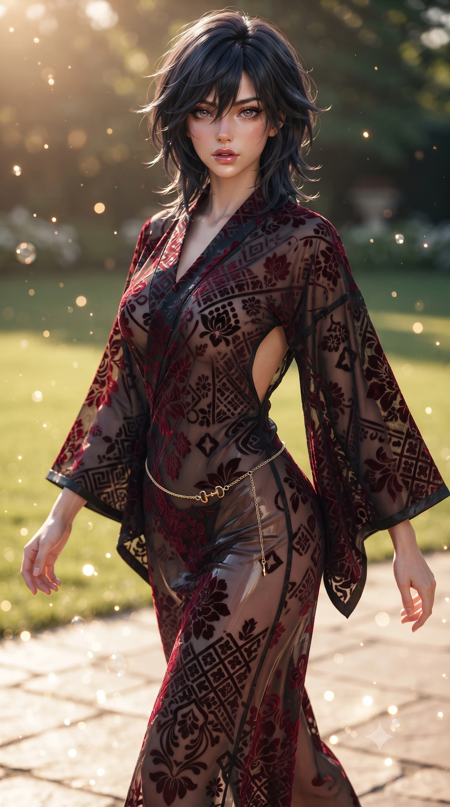score_9, masterpiece, best quality, ultra-detailed, high-budget anime keyframe, editorial fashion photography, tasteful artistic composition, Caucasian woman. close-up cowboy shot from the waist and thighs up, the character dominates the composition, filling the frame with her large presence. leaning back with relaxed seductive grace, her sculpted collarbones and narrow waist highlighted as she casts smoldering bedroom-eyes directly into the camera while striding across the sun-drenched private lawn with sovereign supermodel momentum, long slender legs and narrow waist commanding the scene. The composition keeps background elements in soft focus with creamy bokeh. champagne bubbles and brass trophy reflections scattering warm sparkling light motes across the terrace. She has an exceptionally elegant, slender, and willowy female figure with an ultra-slim waist, flat toned midriff, narrow ribcage, and sculpted feminine hips creating an alluring, slim hourglass silhouette without bulk. sharp v-shaped jawline, high-bridge nose, intricate jewel-like eyes with depth, thick eyelashes, glossy parted lips with a natural sheen, intensely captivating and seductive bedroom-eyes expression, flawlessly proportioned anatomical accuracy, strict slender model proportions, natural body alignment, perfectly sculpted long slender limbs, ultra-slim waistline, clean dynamic posture without body distortion. wearing a delicate semi-translucent silk yukata that clings to her wet skin and curvy hip contours in phantom obsidian black and blood-red velvet, made of sheer contouring power-mesh with velvet flocking patterns, accented with a delicate gold chain belt resting loosely on her curvy hips, the precision-cut side openings and low-back scoop framing her graceful spine and the sensual sweep of her slim, toned hips. surrounded by an untouchable, elite, and irresistibly prestigious equestrian heiress aura. ultra-reflective glossy finish, specular highlights, rich textural contrasts, high-contrast stereoscopic depth, volumetric dynamic lighting, 2k, ultra detail, master piece, 9:16 ratio