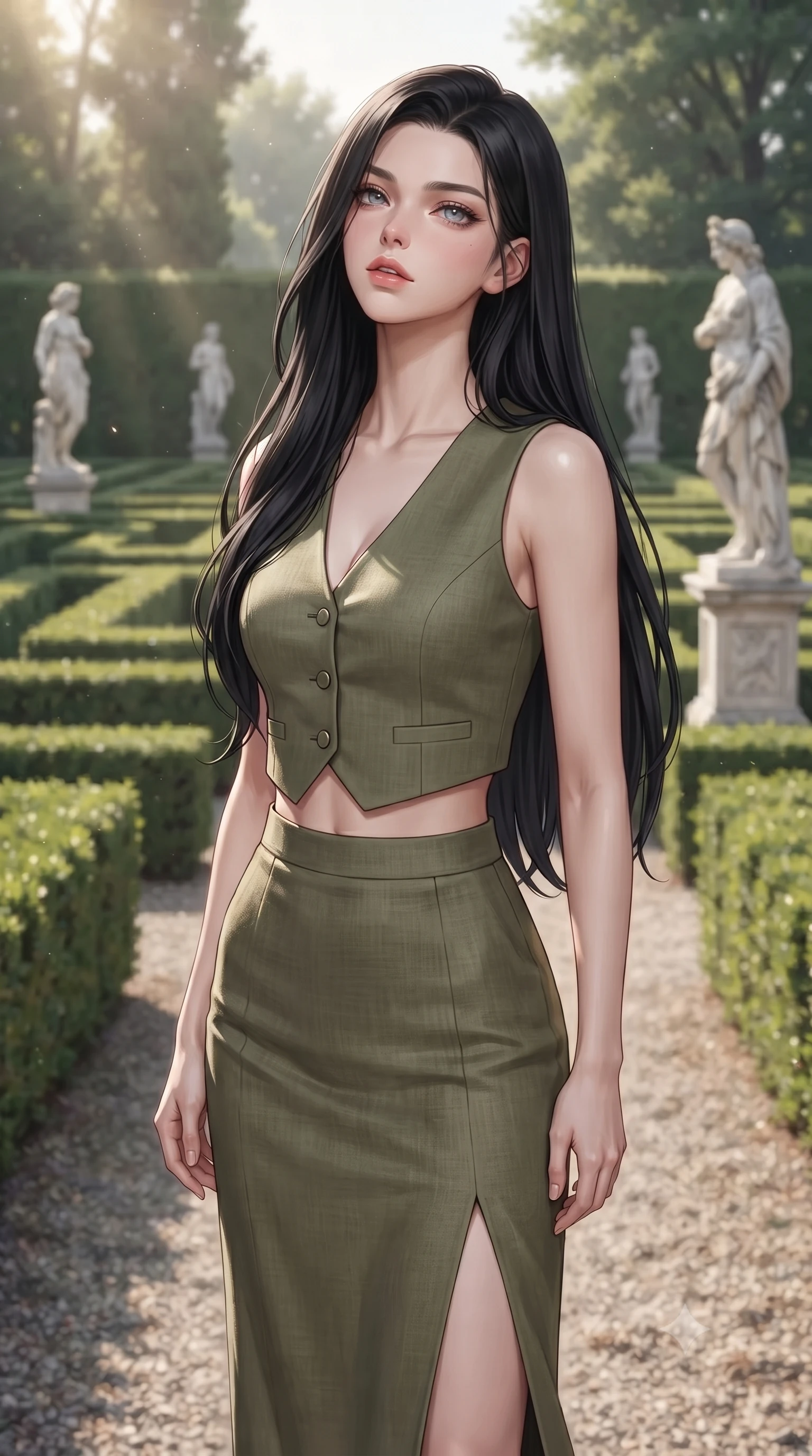 score_9, masterpiece, best quality, ultra-detailed, high-budget anime keyframe, editorial fashion photography, tasteful artistic composition, Korean woman woman. close-up cowboy shot from the waist and thighs up, the character dominates the composition, filling the frame with her large presence, background elements kept in soft focus. tilting her chin up slightly with lips parted in a composed, provocative expression the background shows a soft-focus a garden with structured hedge mazes, marble statues, and gravel paths. She has an exceptionally elegant, slender, and willowy female figure with an ultra-slim waist, a gracefully sculpted slender torso, and a refined silhouette. sharp v-shaped jawline, high-bridge nose, intricate jewel-like eyes with depth, thick eyelashes, glossy lips with a natural sheen. wearing a form-contouring tailored vacation outfit of a linen crop vest and a matching side-slit midi skirt. soft morning sunrays casting elegant shadows of the statues and hedges. ultra-reflective glossy finish, specular highlights, metallic sheen, high-contrast stereoscopic depth, volumetric dynamic lighting, 2k, ultra detail, master piece, 9:16 ratio