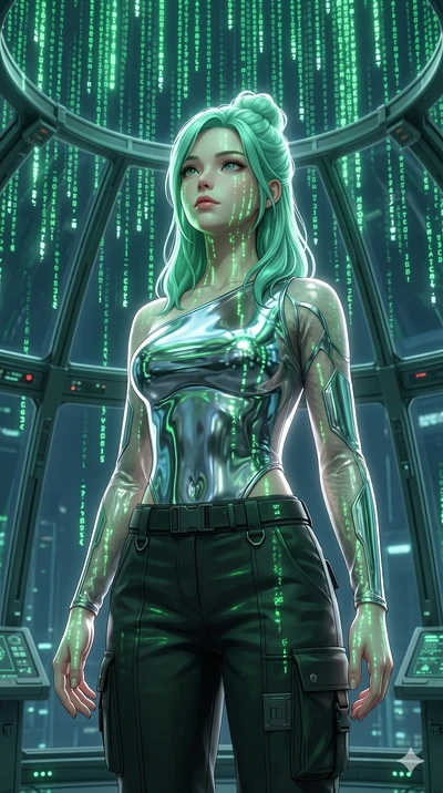 score_9, masterpiece, best quality, ultra-detailed, high-budget anime keyframe, semi-realistic 3D game render, Japanese woman. Upper body close-up from the thighs up, character filling the screen for maximum presence. Standing in a glass dome under a