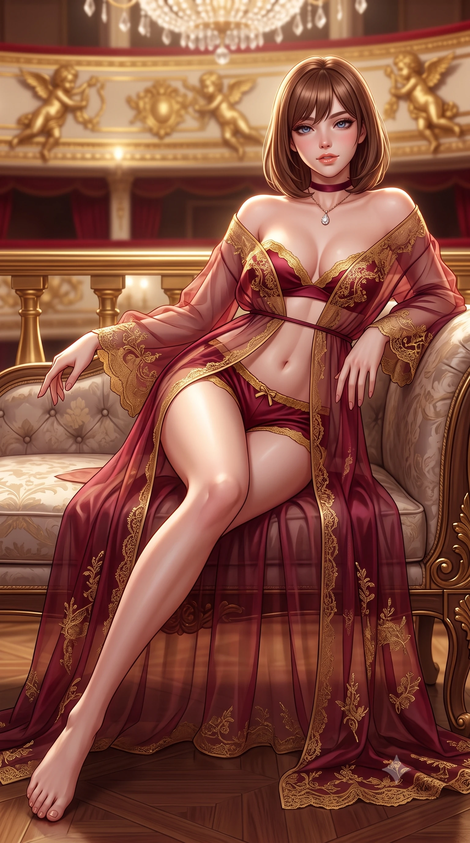 score_9, masterpiece, best quality, ultra-detailed, high-budget anime keyframe, semi-realistic 3D game render, editorial fashion photography, tasteful artistic composition, Caucasian woman. low angle full-body shot from head to toe showing her feet, filling the entire 9:16 vertical frame with her statuesque presence, stretching her vertical silhouette. reclining gracefully across the plush chaise lounge with one leg extended, her sculpted silhouette and flat midriff radiating magnetic nocturnal glamour while twisting her slender torso in an alluring contrapposto stance, monumental crystal auditorium chandeliers and red velvet reflections sculpting her curves. The background shows a soft-focus gold leaf cherub reliefs softened in opulent European cultural shallow focus. She has an absolutely perfect, statuesque 8.5-heads proportion, an exceptionally tall and slender model-like female figure with impossibly long slender legs, an ultra-slim waist, a flat toned midriff, narrow delicate ribcage, and beautifully sculpted feminine hips creating a graceful, slim hourglass silhouette without any bulky heaviness. sharp v-shaped jawline, high-bridge nose, sparkling eyes with hypnotic seductive depth, thick curled eyelashes, glossy parted lips with a natural dewy peach sheen, alluring bedroom-eyes with an enchanting coquettish smile, exuding magnetic siren charisma and sophisticated glamour, flawlessly proportioned anatomical accuracy, strict slender model proportions, natural body alignment, perfectly sculpted long slender limbs, ultra-slim waistline, clean dynamic posture without body distortion. wearing a sheer silk organza modern caftan robe worn loose and slipping off bare shoulders over a matching satin bralette and micro-shorts in Vienna imperial bordeaux and Habsburg gold, made of sheer gossamer chiffon that drapes softly against skin with airy translucence, finished with a thin velvet ribbon choker and a single teardrop diamond pendant, the form-contouring silhouette accentuating her sculpted flat midriff, narrow delicate ribcage, and gracefully curvy hips with intoxicating allure. illuminated by gilded railing reflection bounce and sharp royal-gold rim lights sculpting her razor-sharp jawline, narrow waist, and curvy hips. highly saturated vibrant anime colors, detailed shading with soft gradients, rich glossy textures, high-contrast stereoscopic depth, volumetric dynamic lighting, master piece, 9:16 ratio