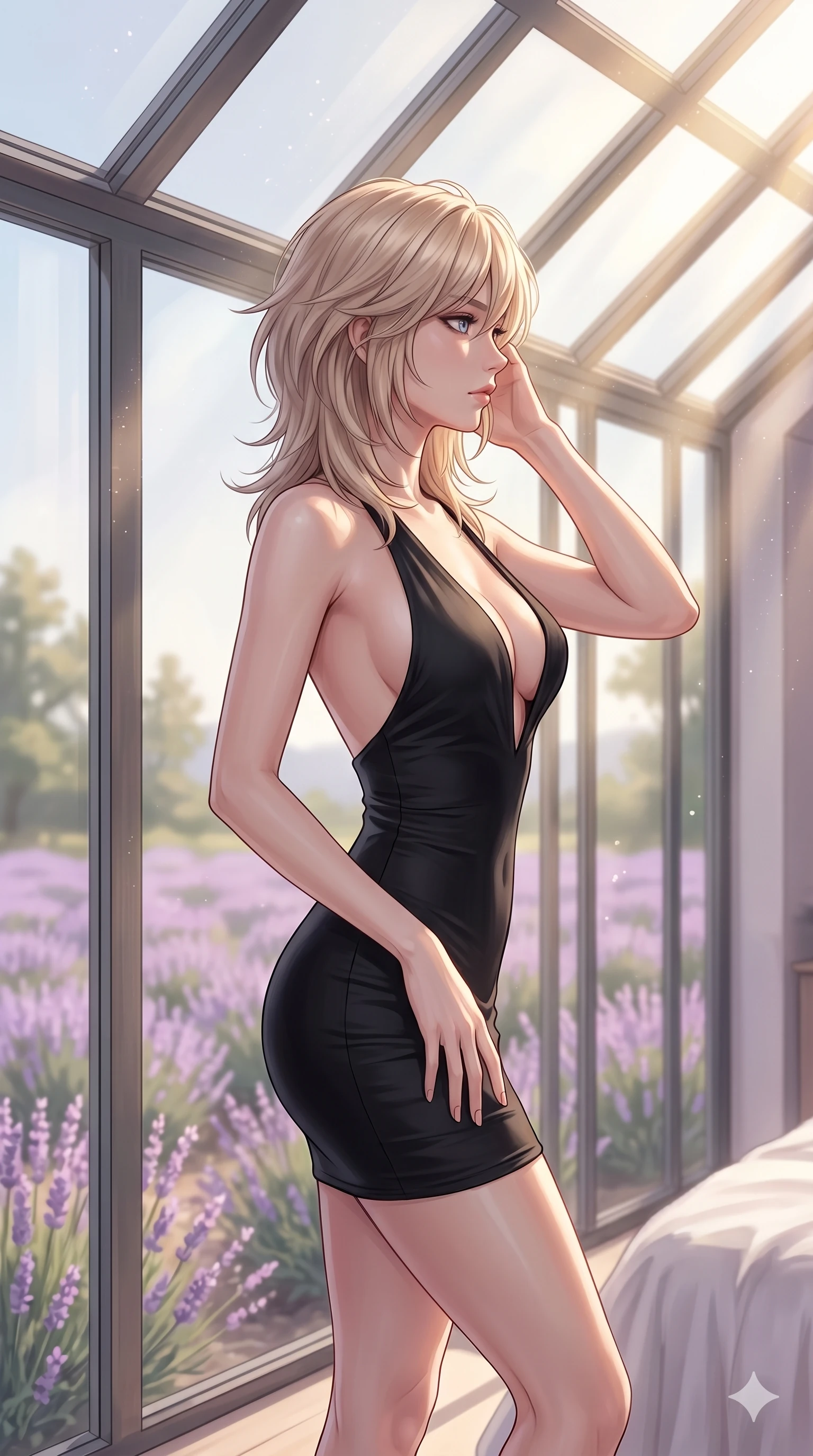 score_9, masterpiece, best quality, ultra-detailed, high-budget anime keyframe, editorial fashion photography, tasteful artistic composition, Japanese woman. cowboy shot from the thighs up, character and outfit filling the frame for maximum editorial presence. posing with quiet magnetic self-assurance, her face turned in a sharp profile against the golden light inside a sun-washed private bedroom by a large open window overlooking a quiet lavender garden (Code-P016). She has an absolutely perfect 8-heads proportion, an exceptionally tall and slender female figure with impossibly long slender legs and an ultra-slim waist. V-shaped jawline, high-bridge nose, intricate jewel-like eyes with depth, thick eyelashes, glossy lips with a natural sheen. wearing a sleek form-fitting black bodycon dress with a dramatic plunging neckline and bare shoulders. drenched in soft morning sunbeams filtering through the glass roof, highlighting her delicate clavicle. 2k, ultra detail, master piece, 9:16 ratio
