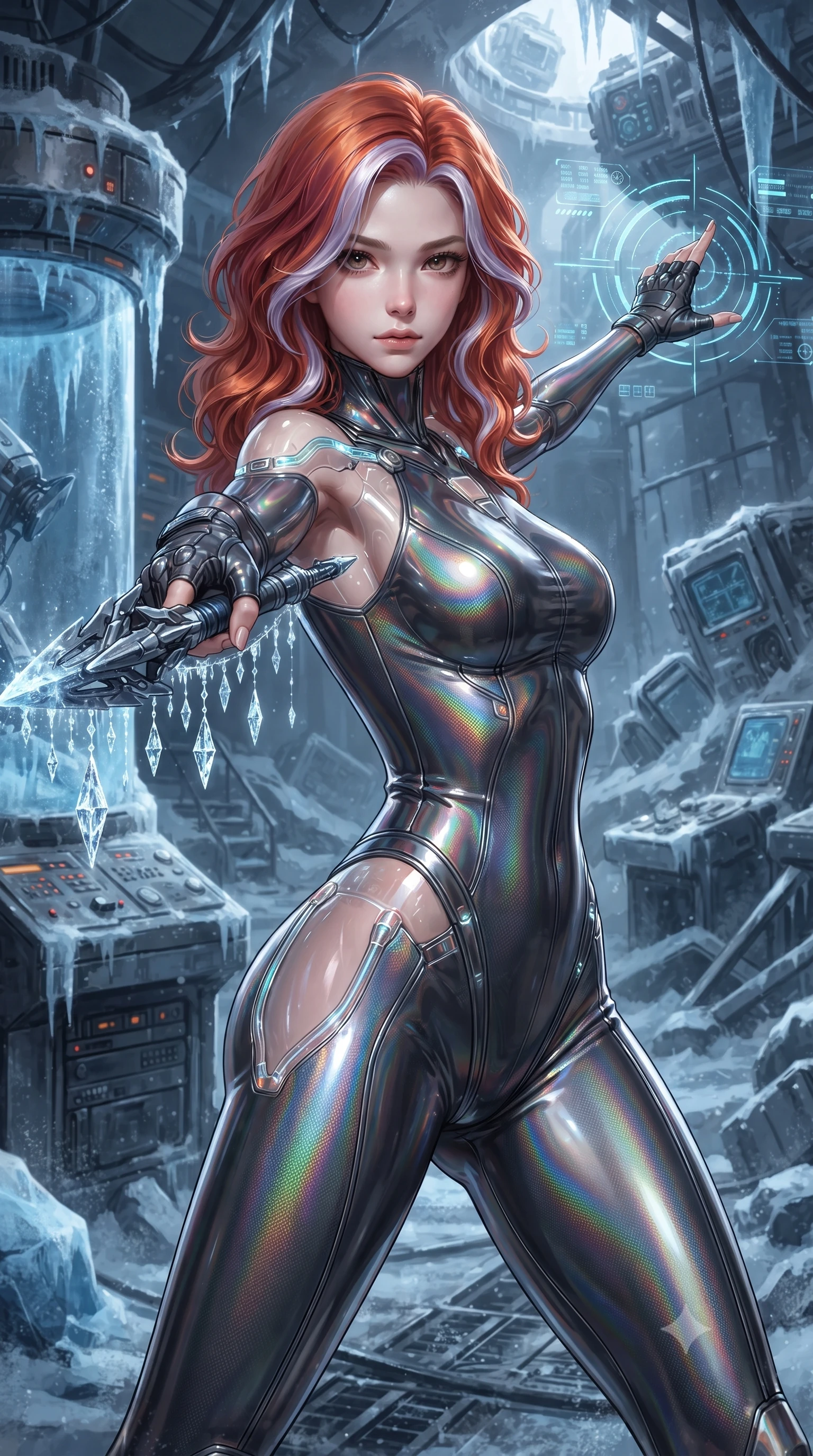 score_9, masterpiece, best quality, ultra-detailed, high-budget anime keyframe, editorial fashion photography, tasteful artistic composition, Caucasian woman. close-up cowboy shot from the waist and thighs up, the character dominates the composition, filling the frame with her large presence. extending one arm gracefully as glowing holographic targeting reticles and data streams orbit her fingertips with sovereign power while pivoting dynamically as she thrusts the cryo-spear forward, leaving a trail of diamond frost crystals hanging in the air. The surrounding environment is rendered in vivid detail and crisp panoramic clarity. high-contrast arctic chiaroscuro and sleek high-tech laboratory ruin captured with precision. She has an exceptionally elegant, slender, and willowy female figure with an ultra-slim waist, a gracefully sculpted slender torso, toned flat midriff, and a refined slim silhouette. sharp v-shaped jawline, high-bridge nose, intricate jewel-like eyes with depth, thick eyelashes, glossy lips with a natural sheen, flawlessly proportioned anatomical accuracy, strict slender model proportions, natural body alignment, perfectly sculpted long slender limbs, ultra-slim waistline, clean dynamic posture without body distortion. wearing a high-gloss iridescent rainbow carbon-weave bodysuit with translucent cybernetic panels, brandishing dual sleek chrome particle beam pistols in a dynamic combat stance in emerald green carbon composite with glowing lime laser channels, made of liquid carbon-jersey fabric adhering flawlessly to her sculpted silhouette, accented with glowing fiber-optic conduits tracing her collarbones and hip curves, the glove-like aerodynamic second-skin fit tightly clinging to her ultra-slender waist and athletic curves without adding bulk, accentuating her razor-sharp statuesque lines and slim hourglass silhouette. surrounded by a cool, lethal, and breathtakingly alluring frost-goddess special-operative aura. ultra-reflective glossy finish, specular highlights, dark metallic sheen, high-contrast stereoscopic depth, volumetric dynamic lighting, 2k, ultra detail, master piece, 9:16 ratio