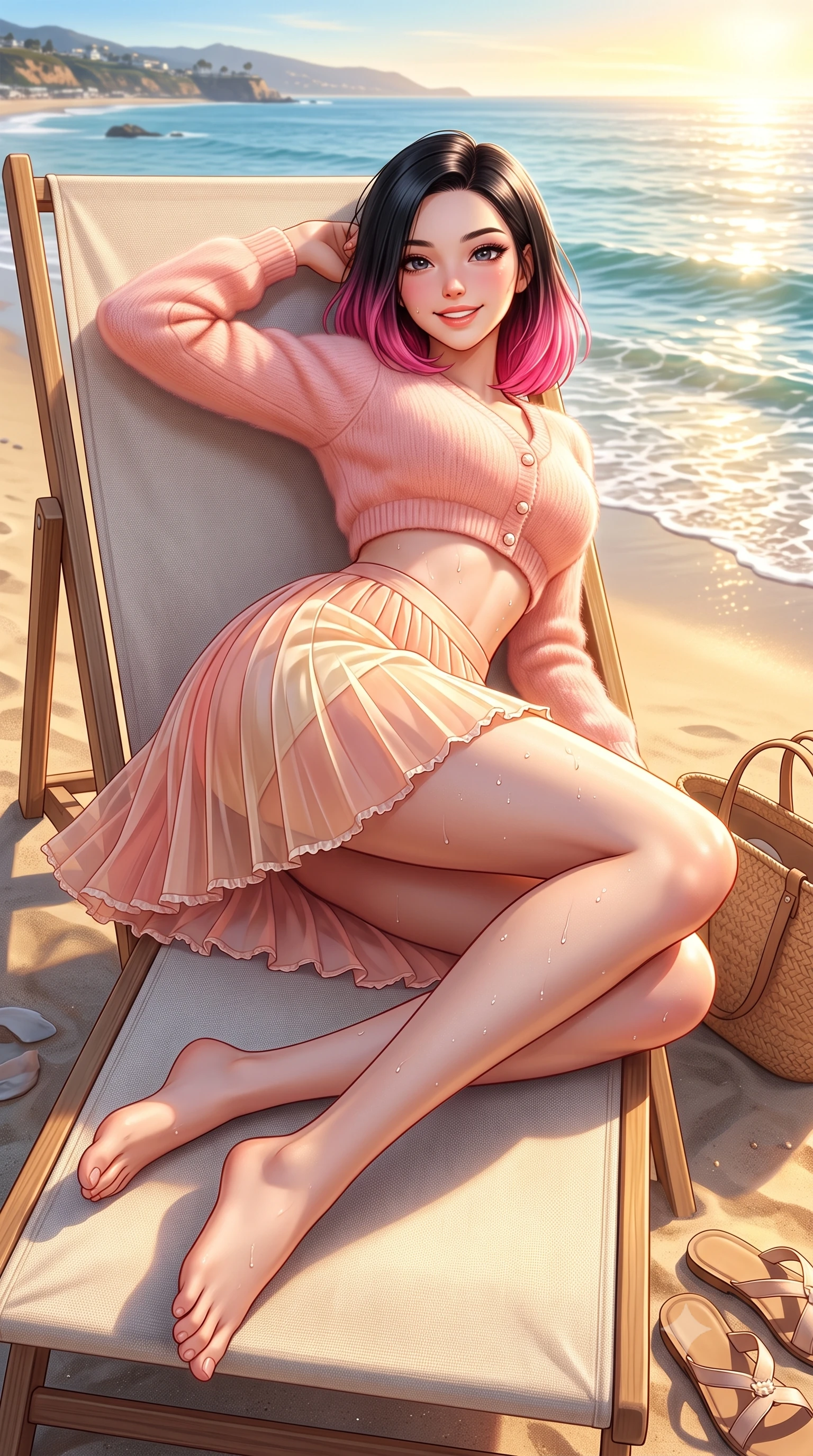 score_9, masterpiece, best quality, ultra-detailed, high-budget anime keyframe, semi-realistic 3D game render, editorial fashion photography, tasteful artistic composition, Korean woman. low angle full-body shot from head to toe showing her feet, filling the entire 9:16 vertical frame with her statuesque presence, stretching her vertical silhouette. reclining languidly on her side across the sunbed with one knee drawn up, her radiant smile and arched hip curve commanding the 9:16 vertical frame with youthful sensual charisma while reclining on an outdoor canvas sun lounger propped on one elbow, her curvy hips and long slender legs caressed by the warm California sea breeze. The surrounding environment is rendered in vivid detail and crisp panoramic clarity. detailed swimwear fabric sheen, water droplet beads on skin, and Malibu coastline clarity in high resolution. She has an exceptionally tall and slender model-like 8.5-heads proportion, an ultra-slim waist, a flat toned midriff, narrow delicate ribcage, and beautifully sculpted feminine hips creating a graceful, slim hourglass silhouette without any bulky heaviness, with impossibly long slender legs. sharp v-shaped jawline, high-bridge nose, intricate jewel-like sparkling eyes with depth, thick eyelashes, glossy parted lips with a natural peach sheen, bright cheerful beaming smile with an enchanting and coquettish sensual glint, exuding both youthful cute charm and seductive allure, flawlessly proportioned anatomical accuracy, strict slender model proportions, natural body alignment, perfectly sculpted long slender limbs, ultra-slim waistline, clean dynamic posture without body distortion. wearing a soft angora crop knit sweater with a sheer pleated organza mini skirt over an opaque silk slip in pastel peach blossom pink and warm champagne ivory, tailored from fine lightweight chiffon that flutters gently in the breeze, finished with subtle ruffle trims and delicate pearl buttons, the glove-like silhouette tightly following the natural contour of her hips and long slender legs with youthful 8.5-heads elegance. bathed in brilliant golden hour California sunlight streaming across the ocean water. highly saturated vibrant anime colors, detailed shading with soft gradients, rich glossy textures, high-contrast stereoscopic depth, volumetric dynamic lighting, master piece, 9:16 ratio